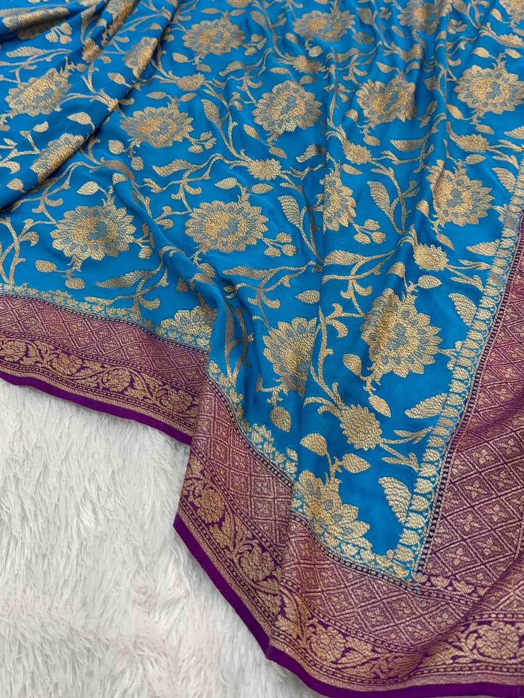 Banarasi Pure Khaddi Chiffon Saree  with Antique Zari Work In Floral Jaal Design in Peacock Blue Colour