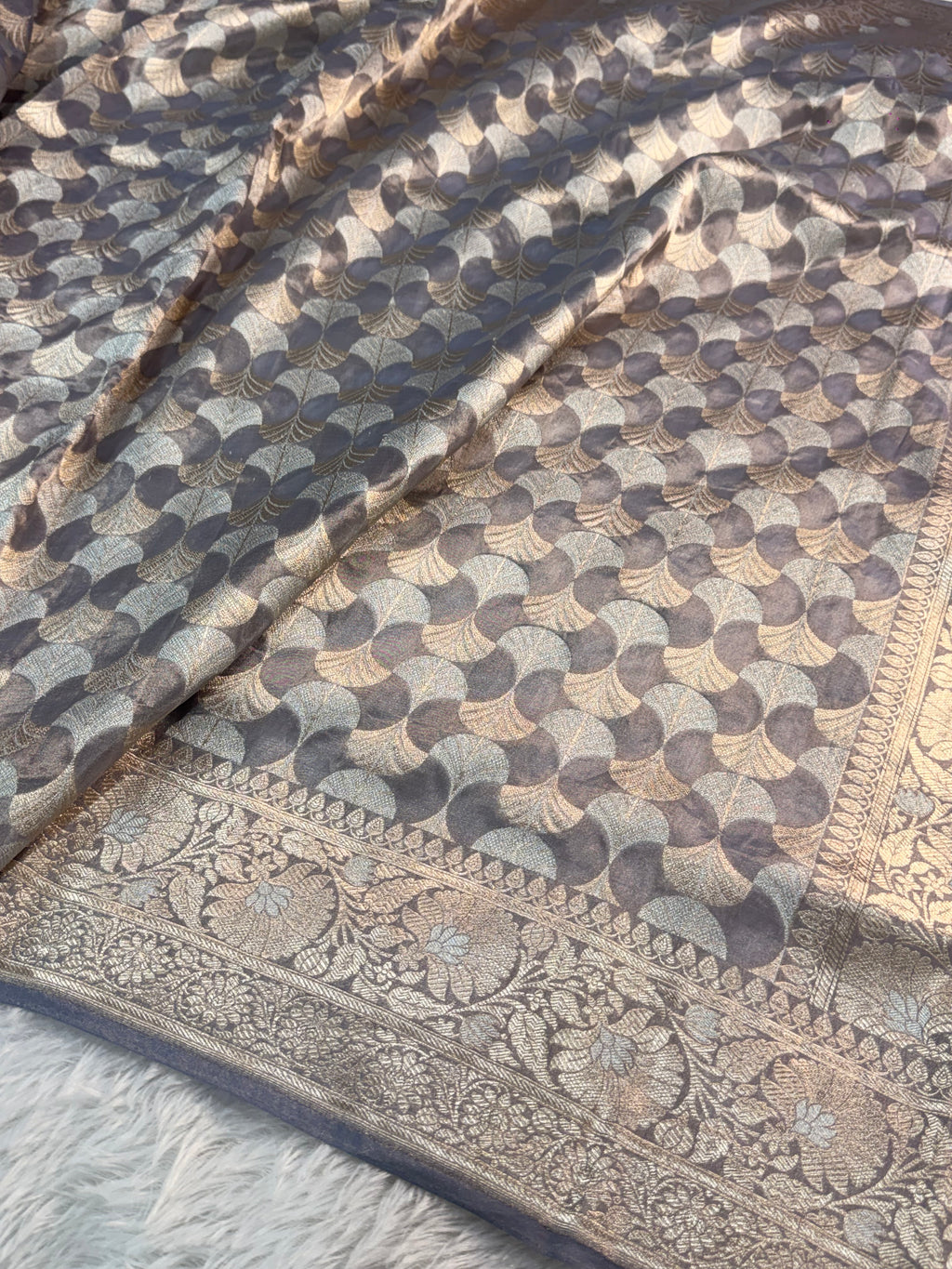 Banarasi Pure Tissue Silk Saree with silver and gold Zari work in Dark Grey Colour