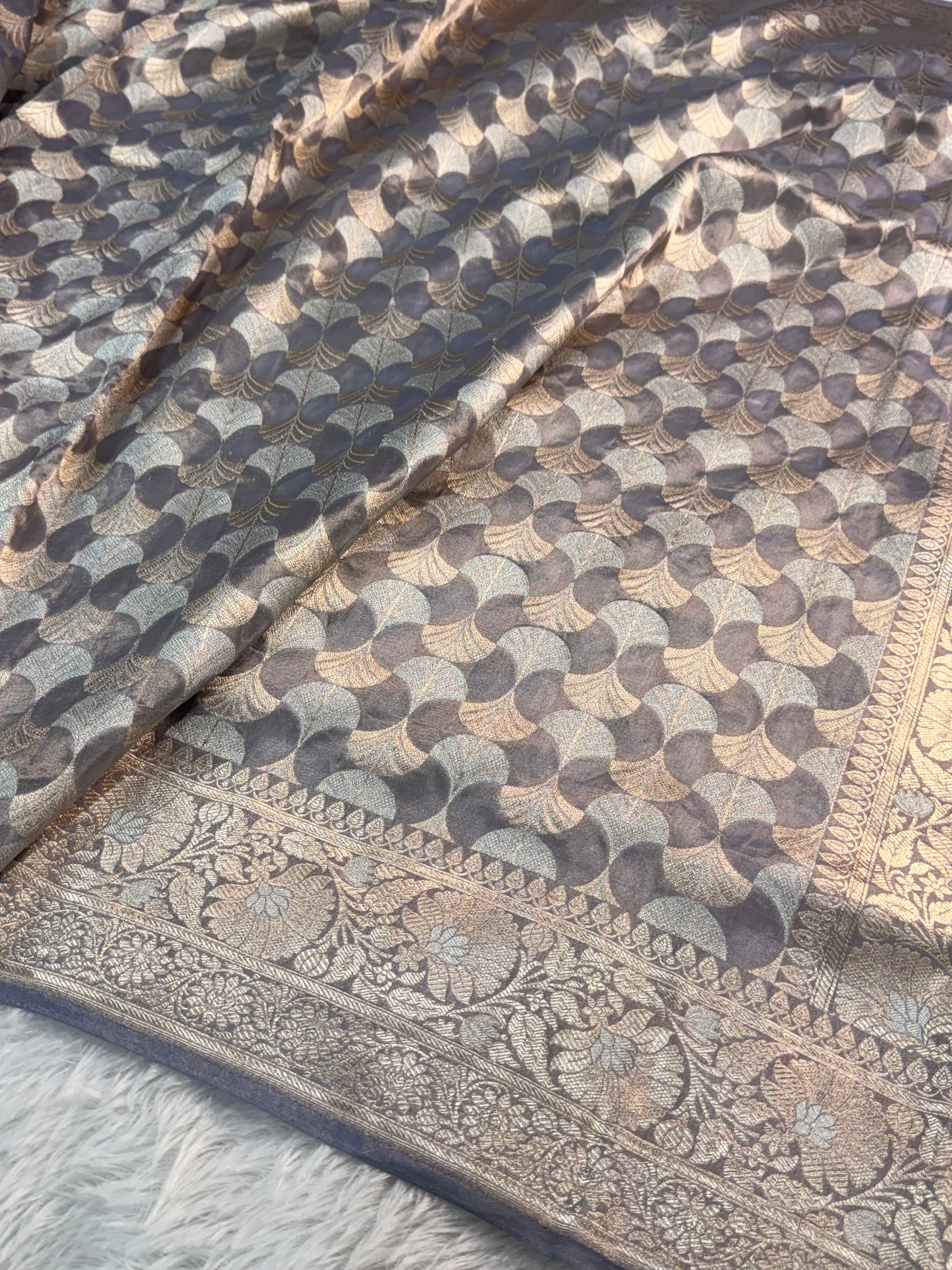 Banarasi Pure Tissue Silk Saree with silver and gold Zari work in Dark Grey Colour