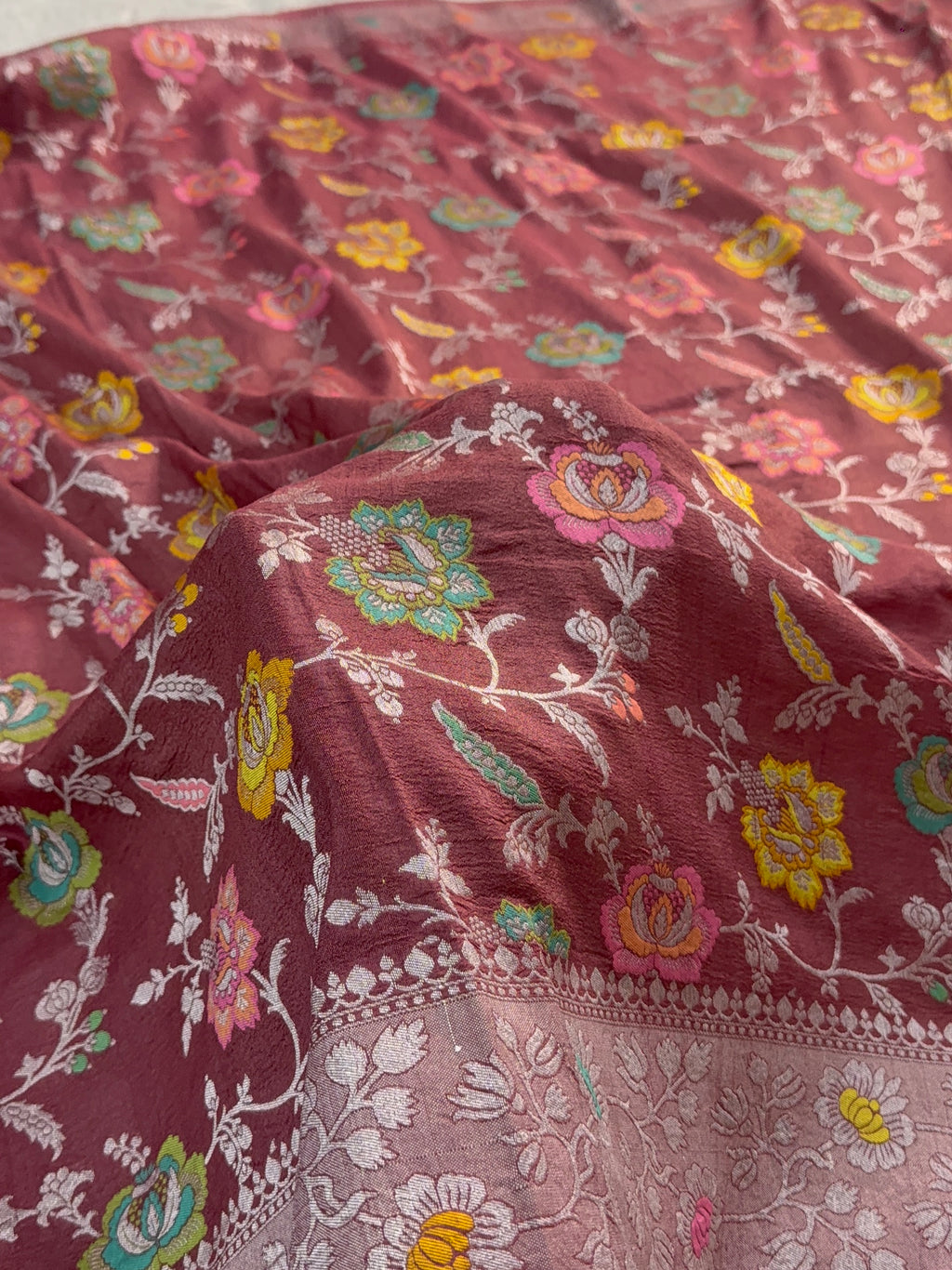 Pure Desi Tussar Silk Saree with Meenakari Floral Jaal Pattern in Wine Colour