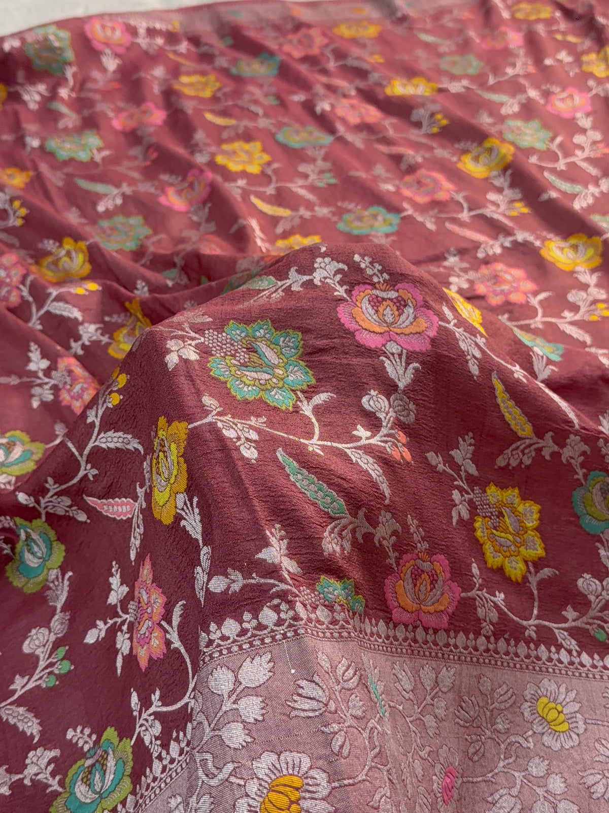 Pure Desi Tussar Silk Saree with Meenakari Floral Jaal Pattern in Wine Colour