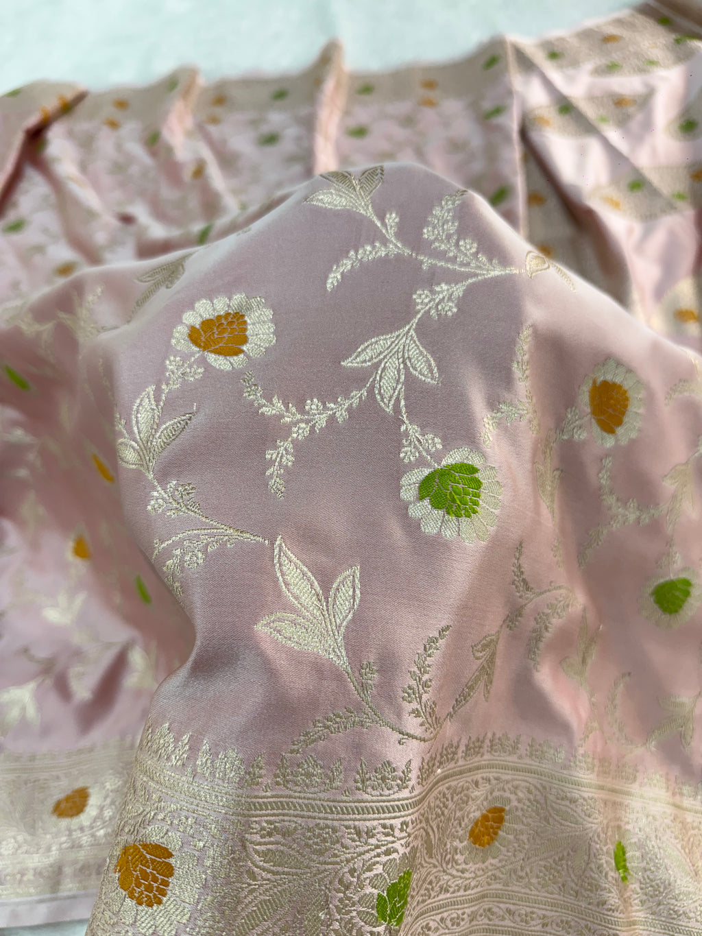 Banarasi Mashru Silk Saree Intricate Meenakari Jaal Design in Light Pink color
