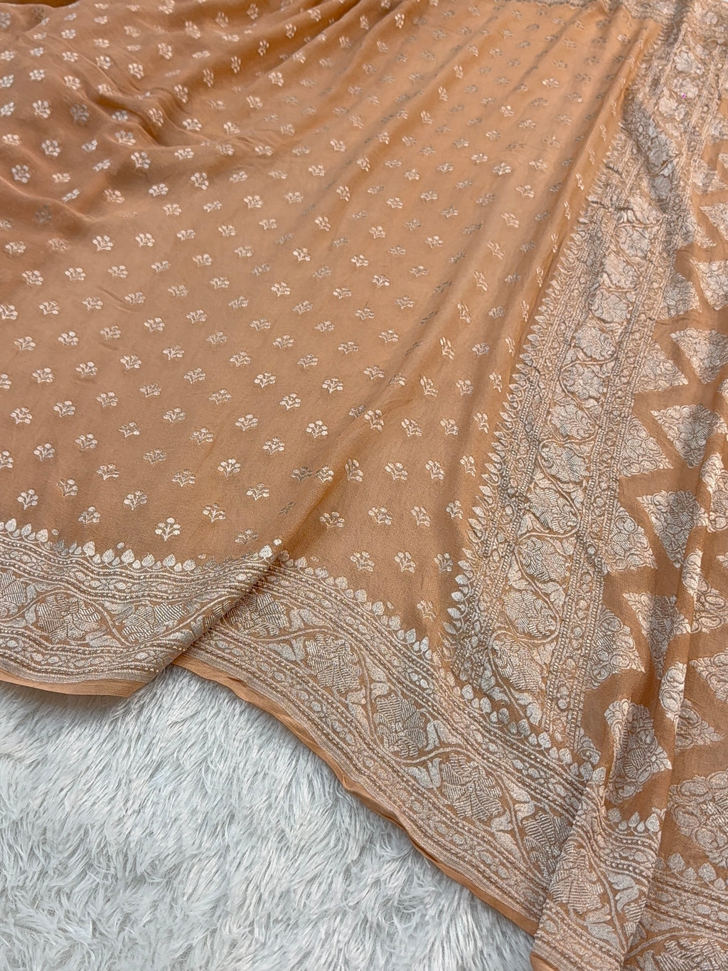 Banarasi Pure Khaddi Chiffon Saree  with Silver Zari Work with Small Motifs Pattern Design in Peach Colour