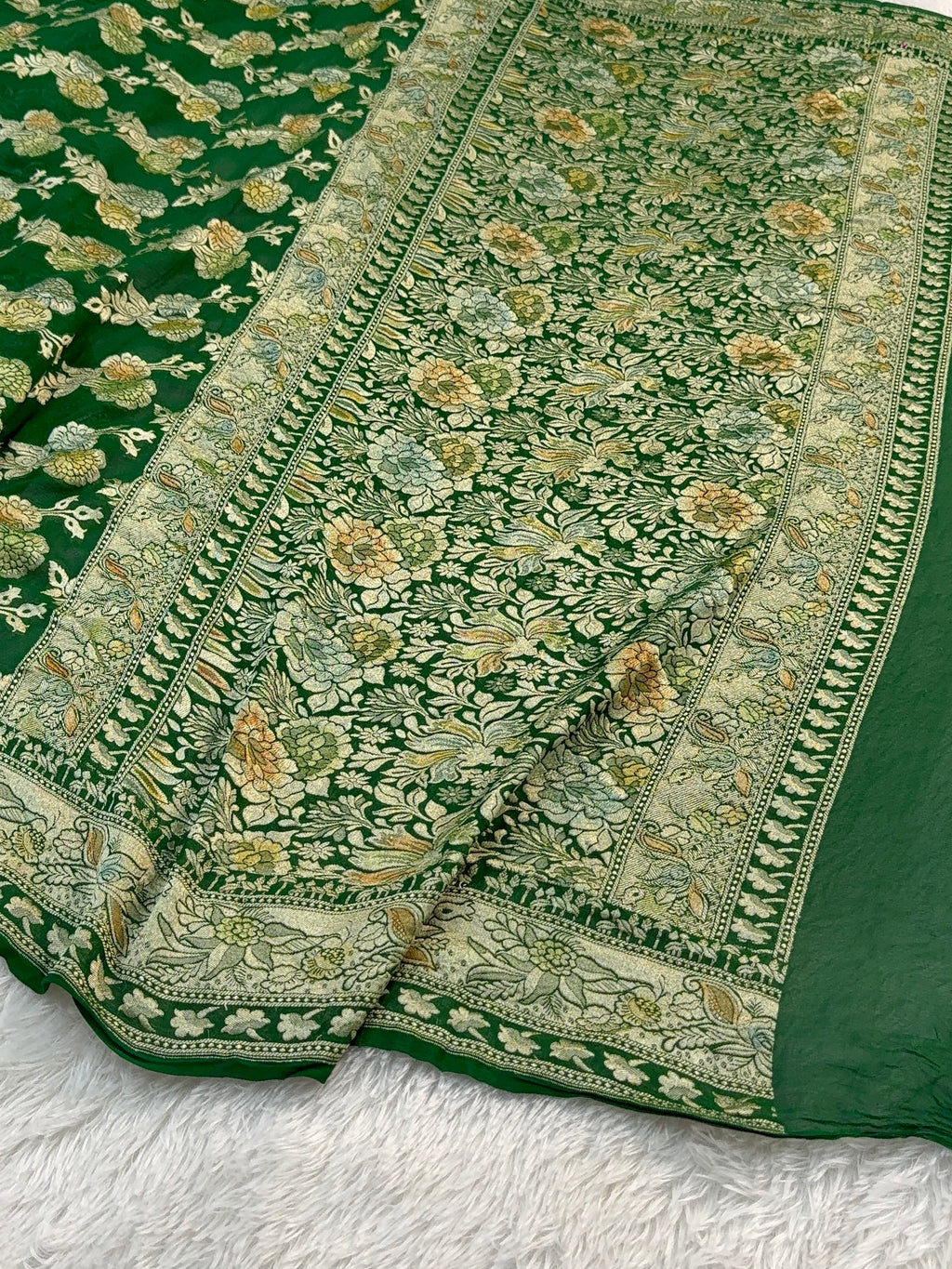 Banarasi Pure Khaddi Chiffon Saree  with Light Gold Zari Work In Floral Jaal Design with Meenakari by Handbrush in Dark Green Colour