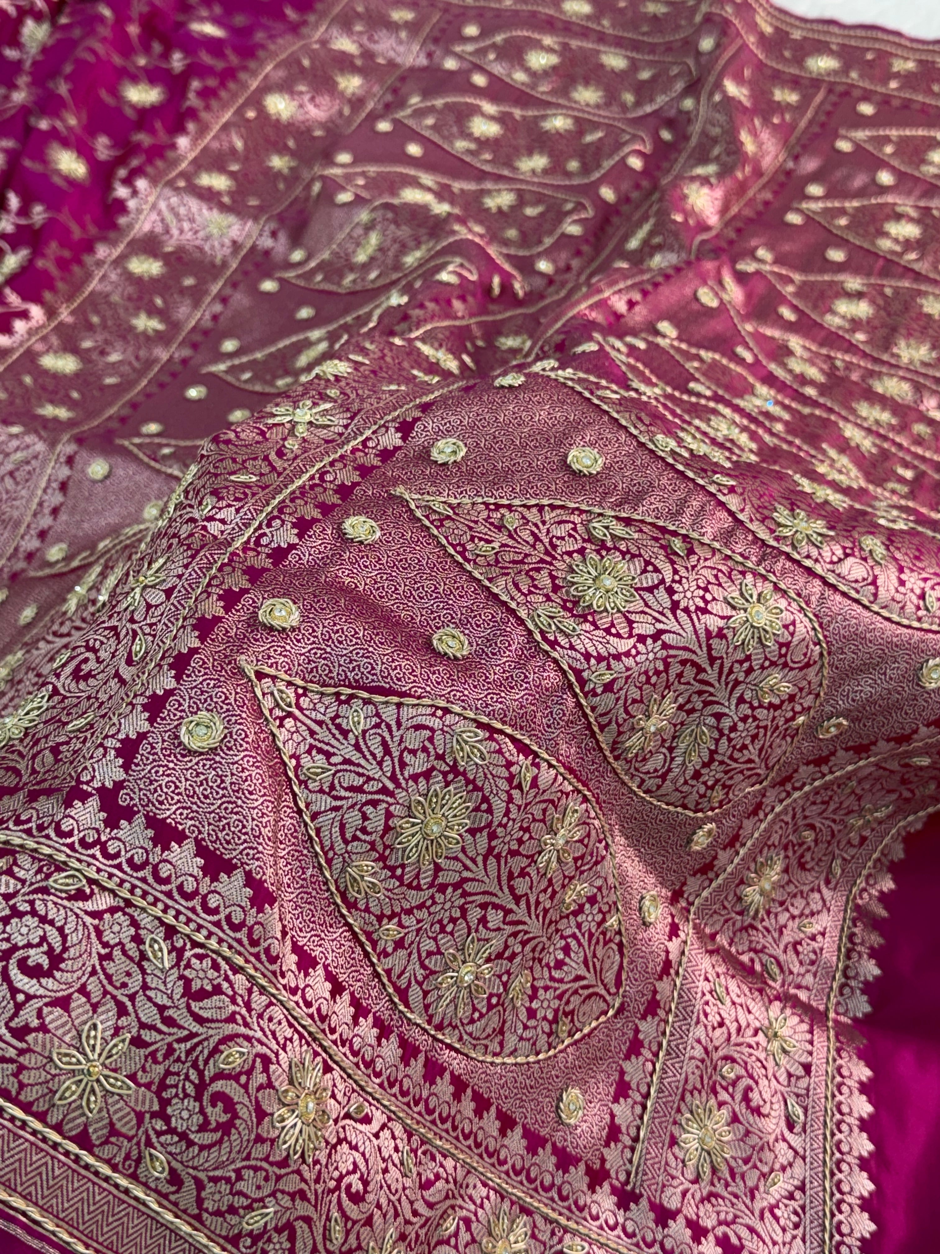 Mashru Bridal saree in Rani color shade with Art of handwork