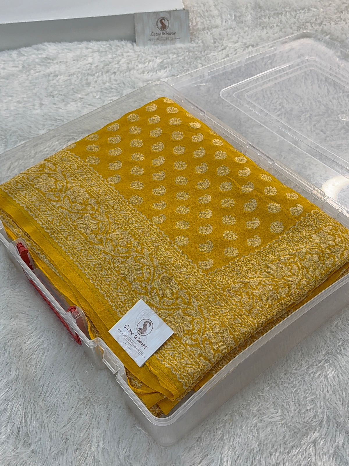 Banarasi Pure Khaddi Chiffon Saree in Border And Buti Design in Mustard Colour