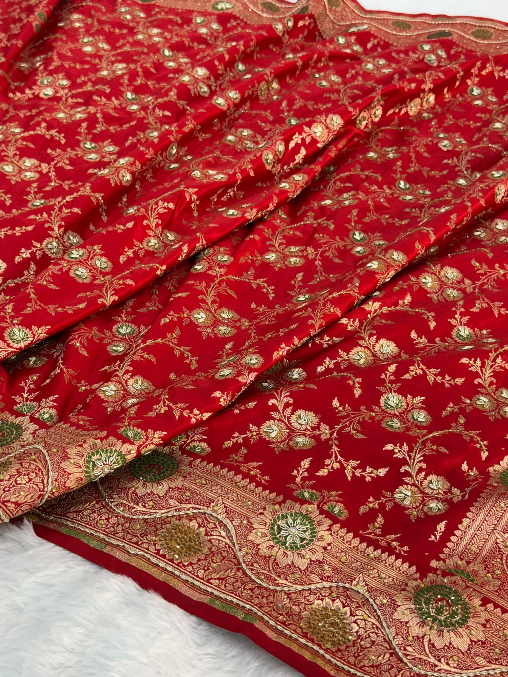 Bridal Mashru Silk Saree in jaal design in Red Color Shade with Swaroskiwork