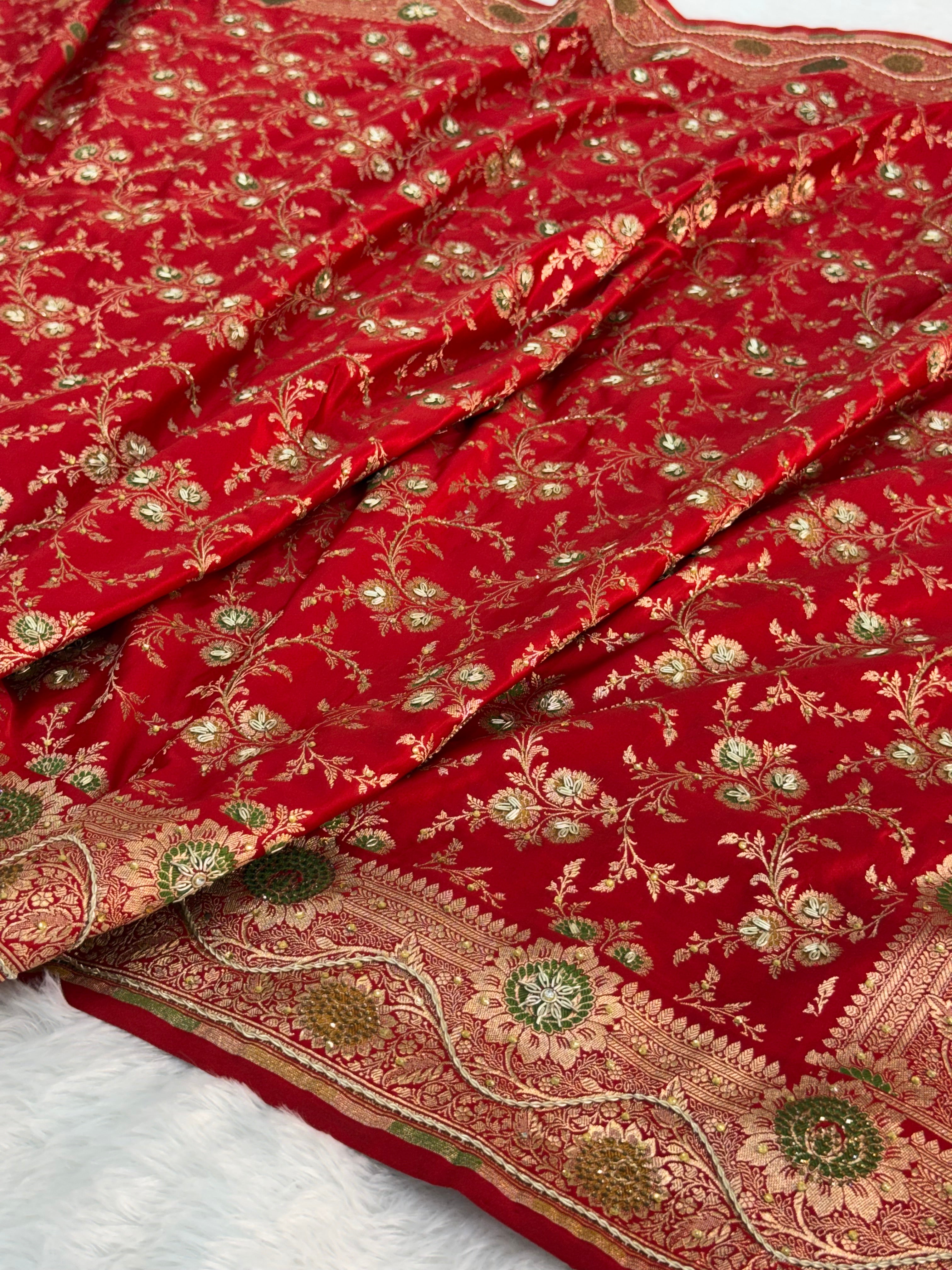 Bridal Mashru Silk Saree in jaal design in Red Color Shade with Swaroskiwork
