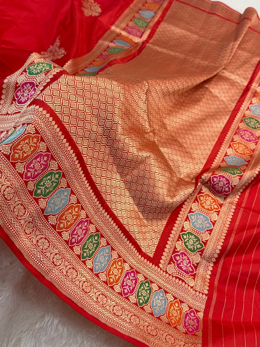 Handwoven Pure Katan Silk Saree in Large Motifs Design with Meenakari in high Percentage Zari Work in Red Colour