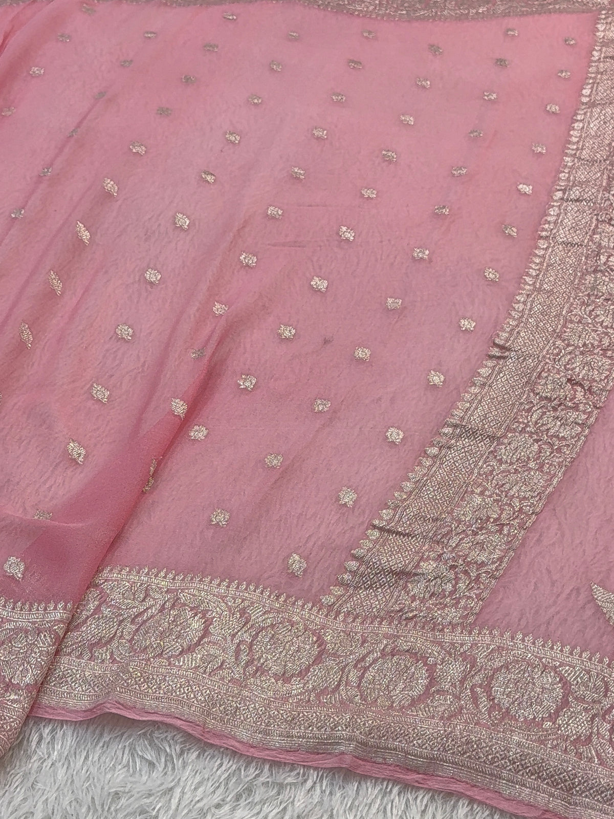 Banarasi Pure Khaddi Chiffon Saree  in Silver Zari with Small Interlocked Motifs Design in Peach Colour
