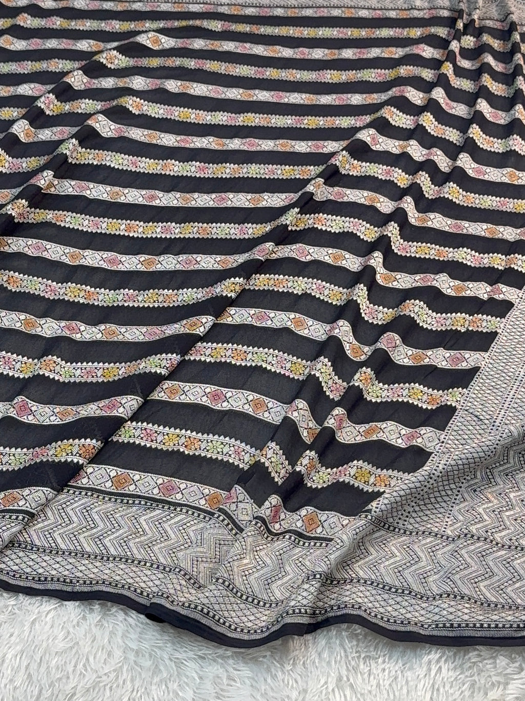 Banarasi Pure Khaddi Chiffon Saree  with Silver Zari Work In Horizontal stripes pattern Design with Meenakari by hand brush in Black Colour