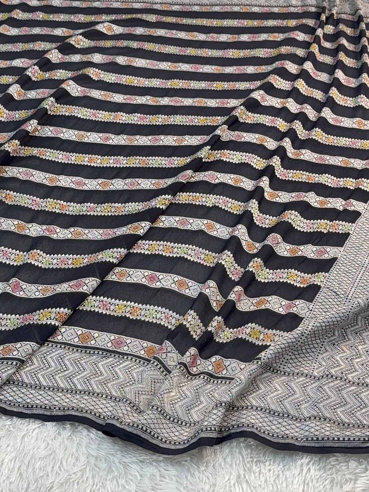 Banarasi Pure Khaddi Chiffon Saree  with Silver Zari Work In Horizontal stripes pattern Design with Meenakari by hand brush in Black Colour
