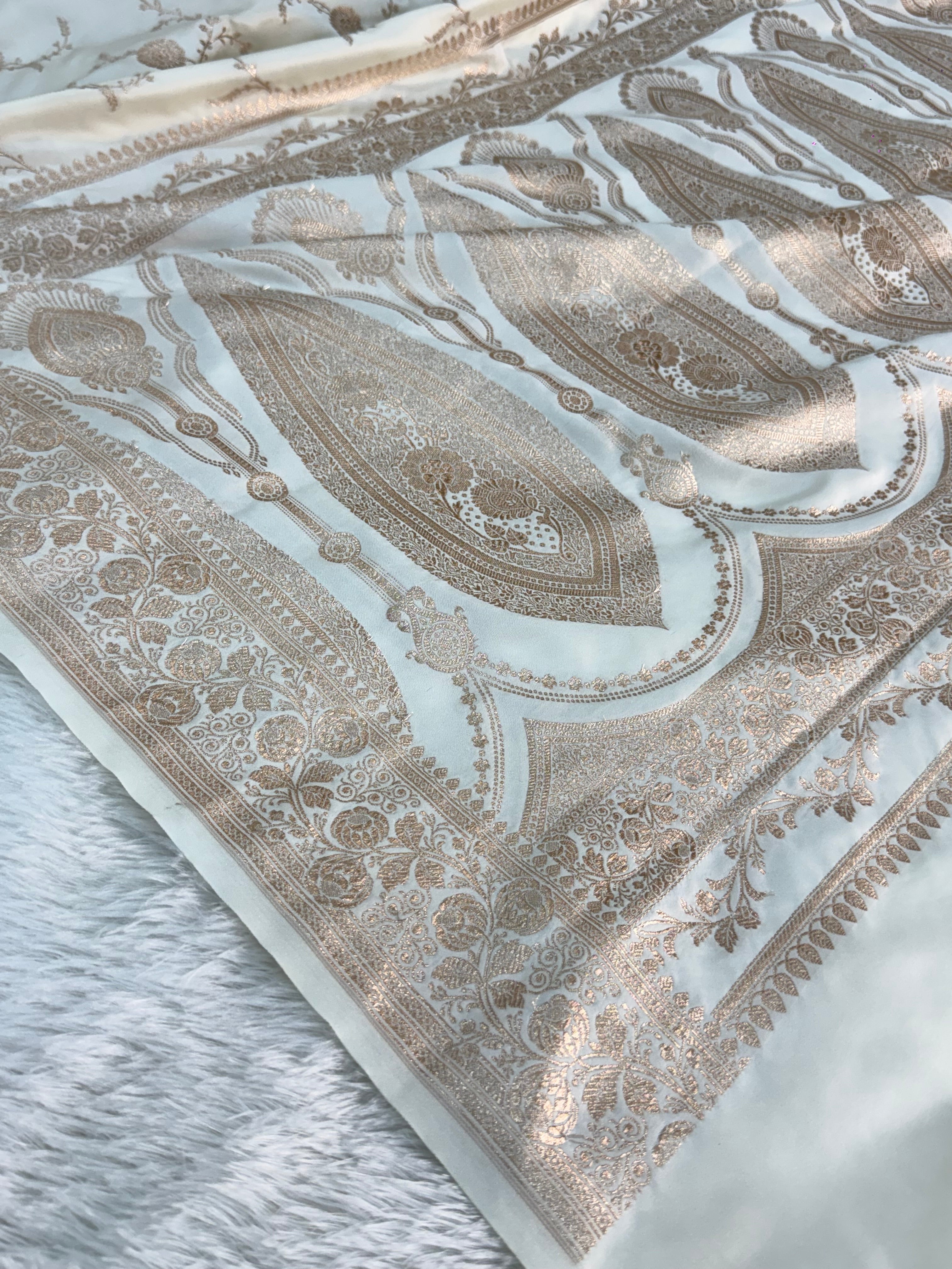 Banarasi Mashru Silk Saree Intricate Jaal Design in Light off white color