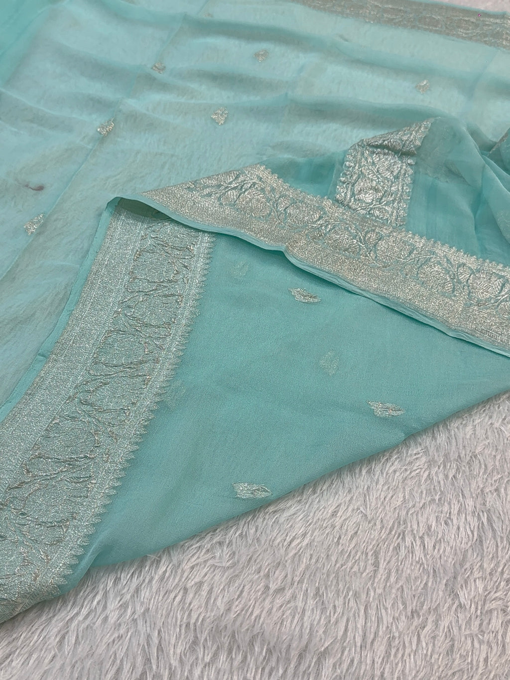 Banarasi Pure Khaddi Chiffon Saree  in Silver Zari with Small Interlocked Motifs Design in Powder Blue Colour
