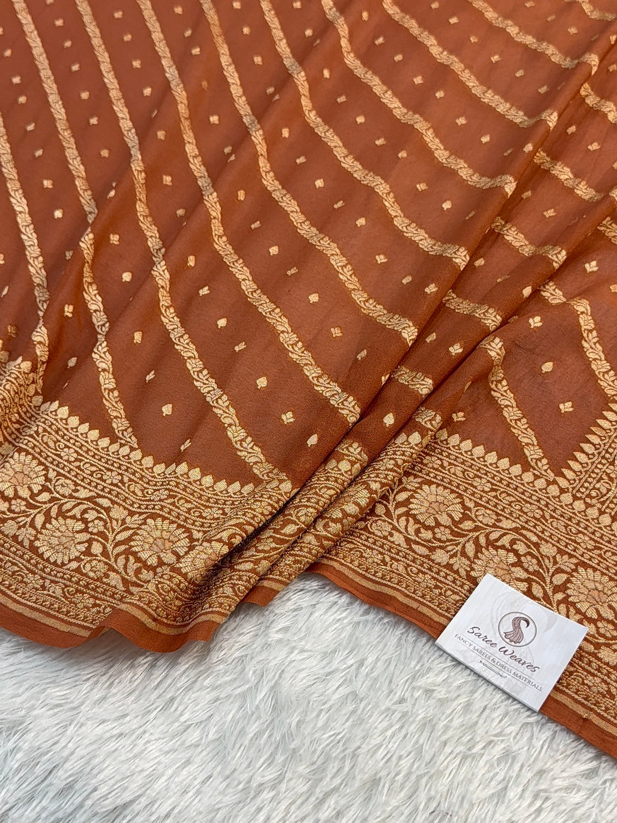Banarasi Pure Khaddi Chiffon Saree in Aada Design in Copper Brown Colour