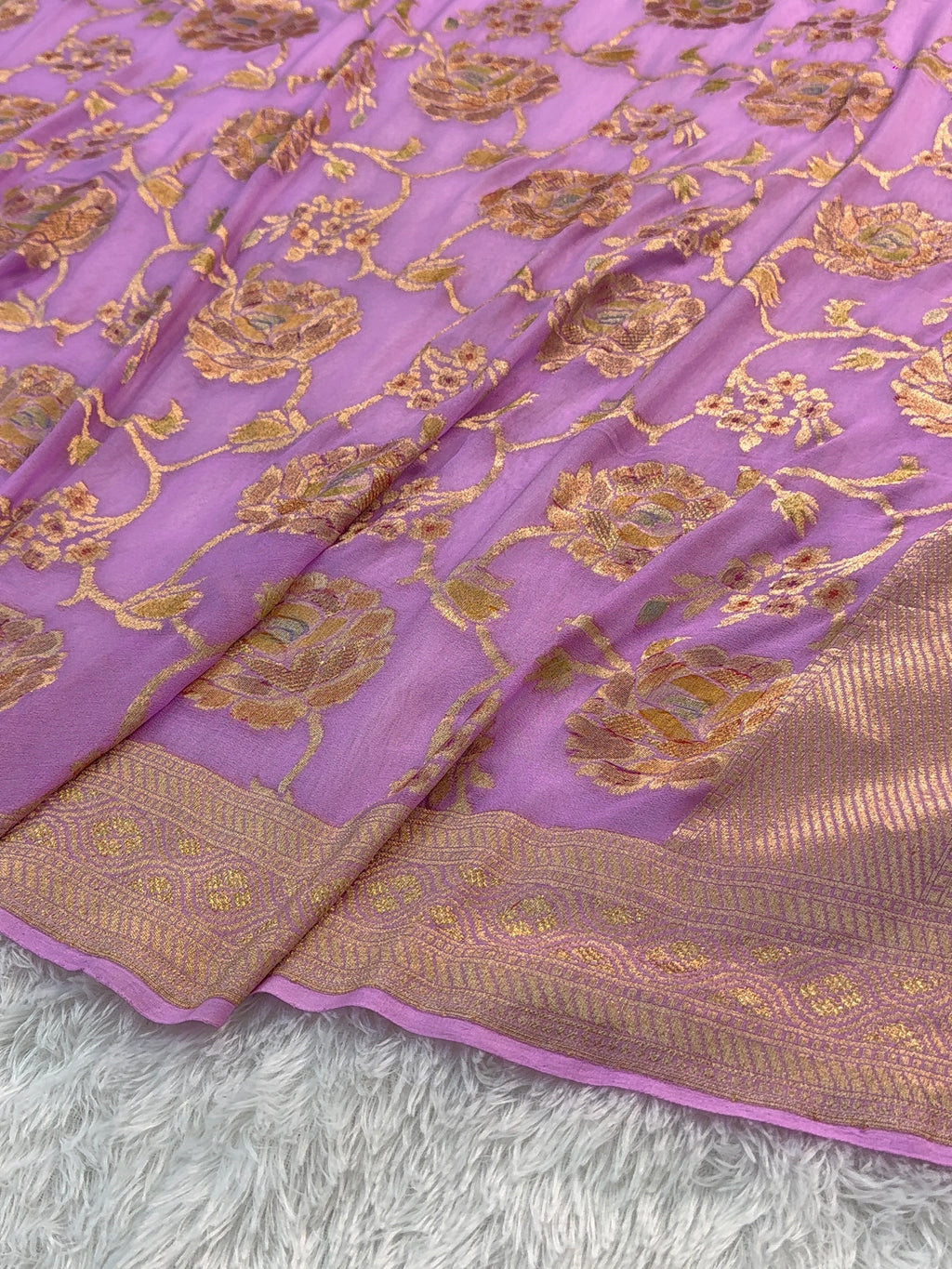Banarasi Pure Khaddi Chiffon Saree  with Light Gold Zari Work In Floral Jaal Design with Meenakari by handbrush in Rusty Lavender Colour