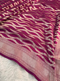 Banarasi pure katan silk saree in wine color with vertical stripes, Light gold Zari coated with pure silver