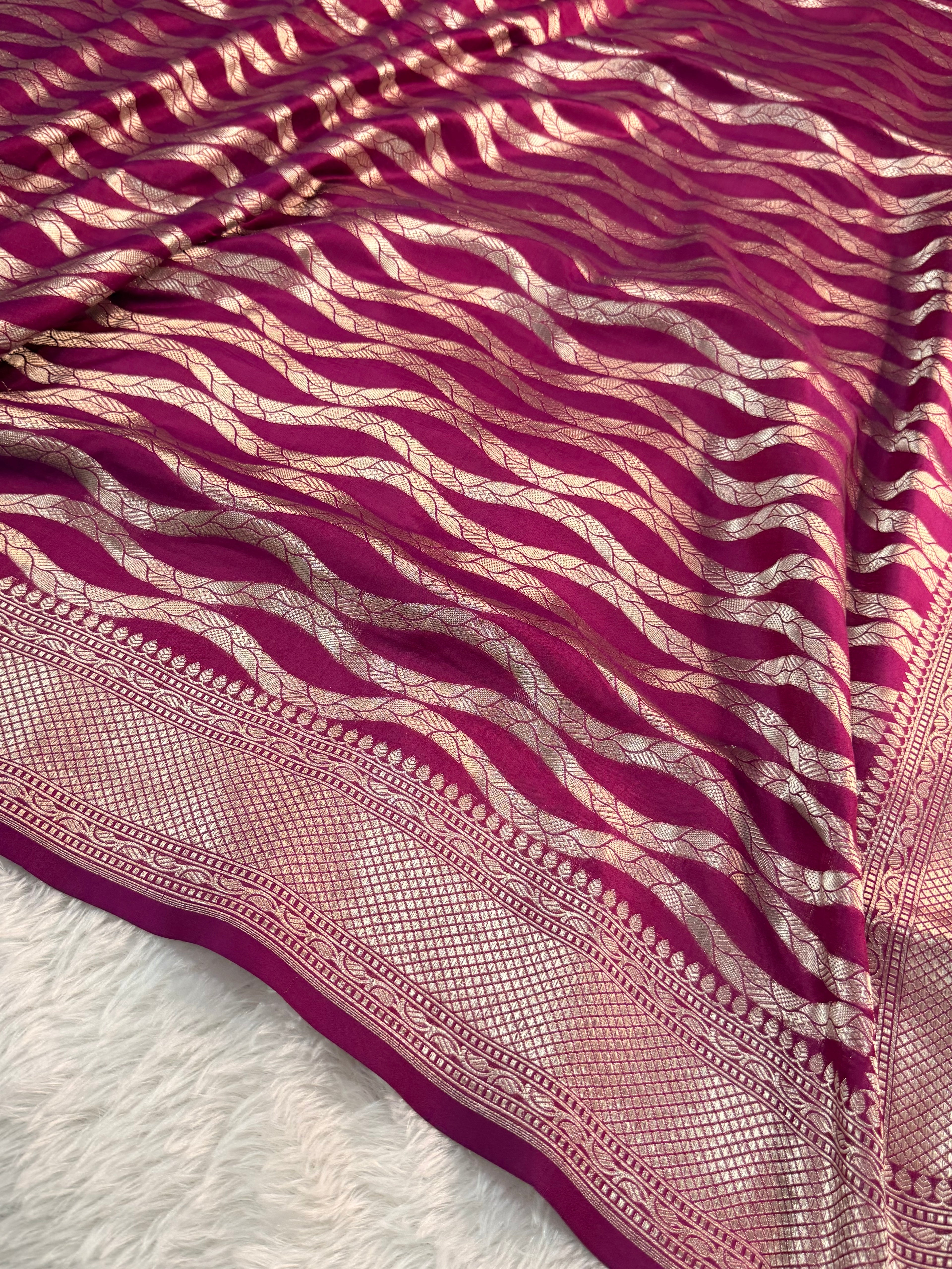 Banarasi pure katan silk saree in wine color with vertical stripes, Light gold Zari coated with pure silver