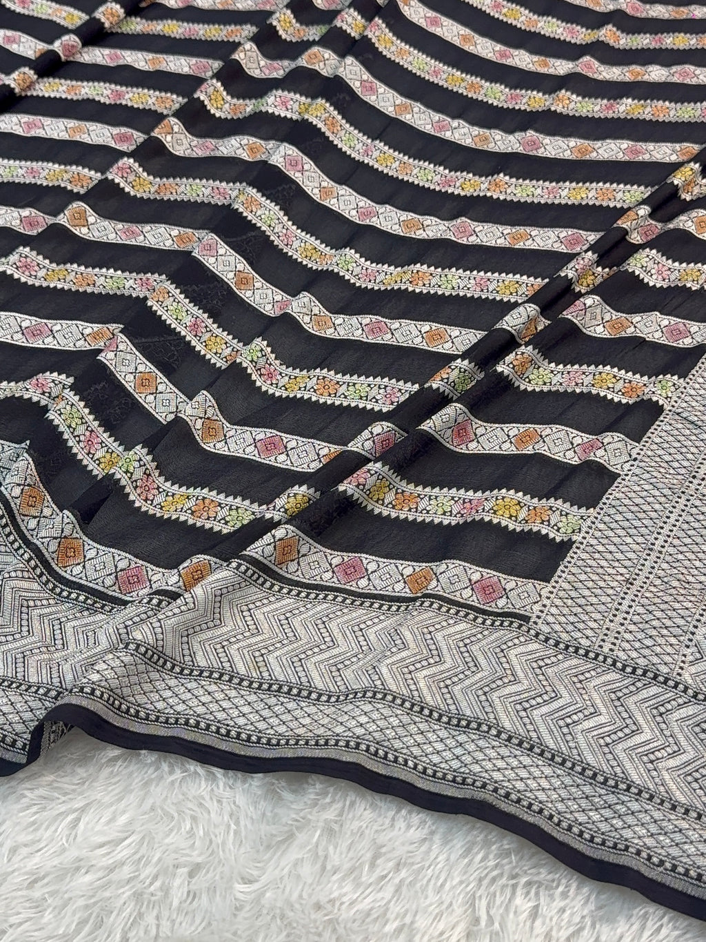 Banarasi Pure Khaddi Chiffon Saree  with Silver Zari Work In Horizontal stripes pattern Design with Meenakari by hand brush in Black Colour