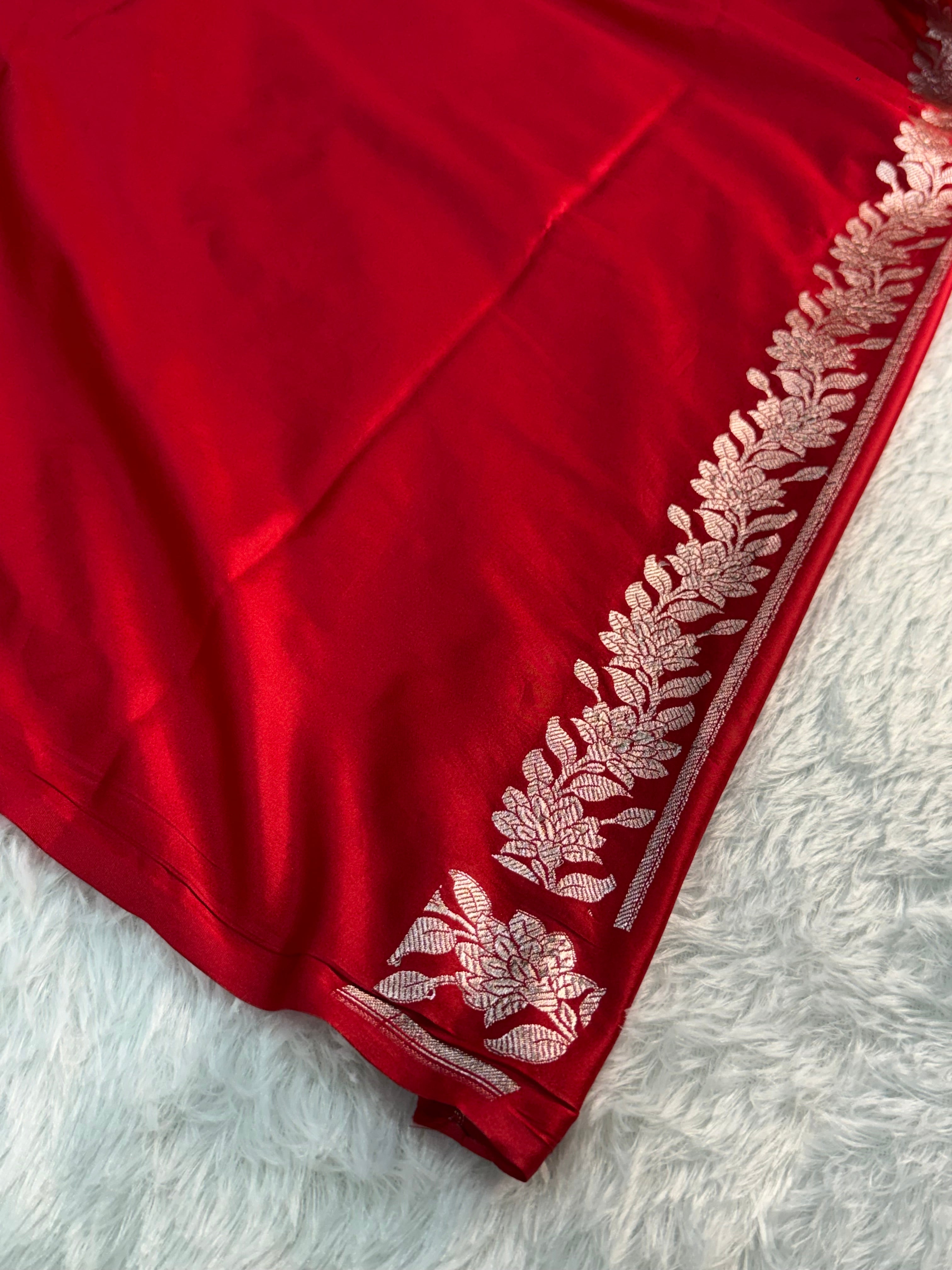 Banarasi Mashru Silk Saree with plain body and floral border Design in Red colour