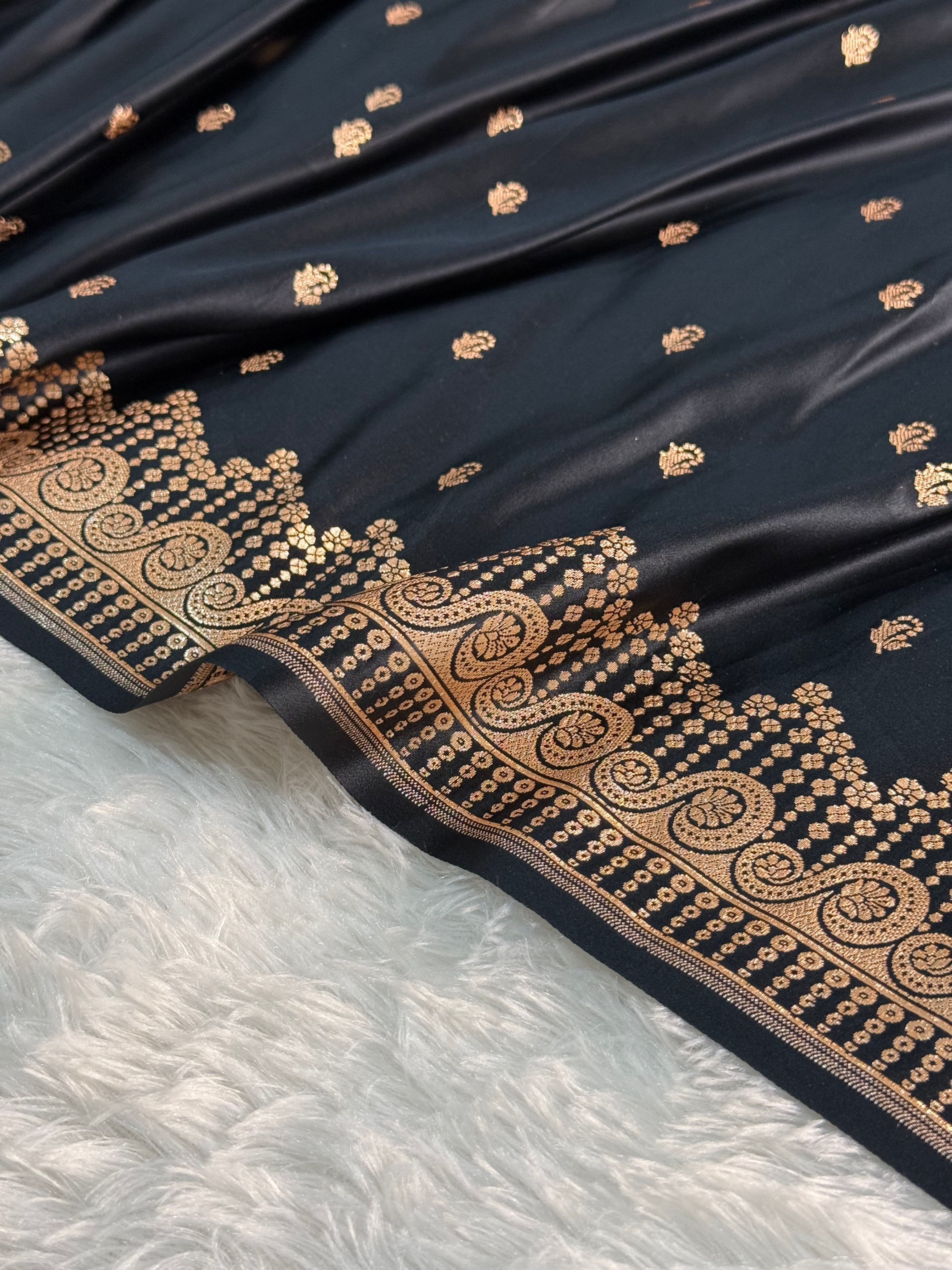Banarasi Mashru Silk Saree in Border Motifs Design in Black Colour