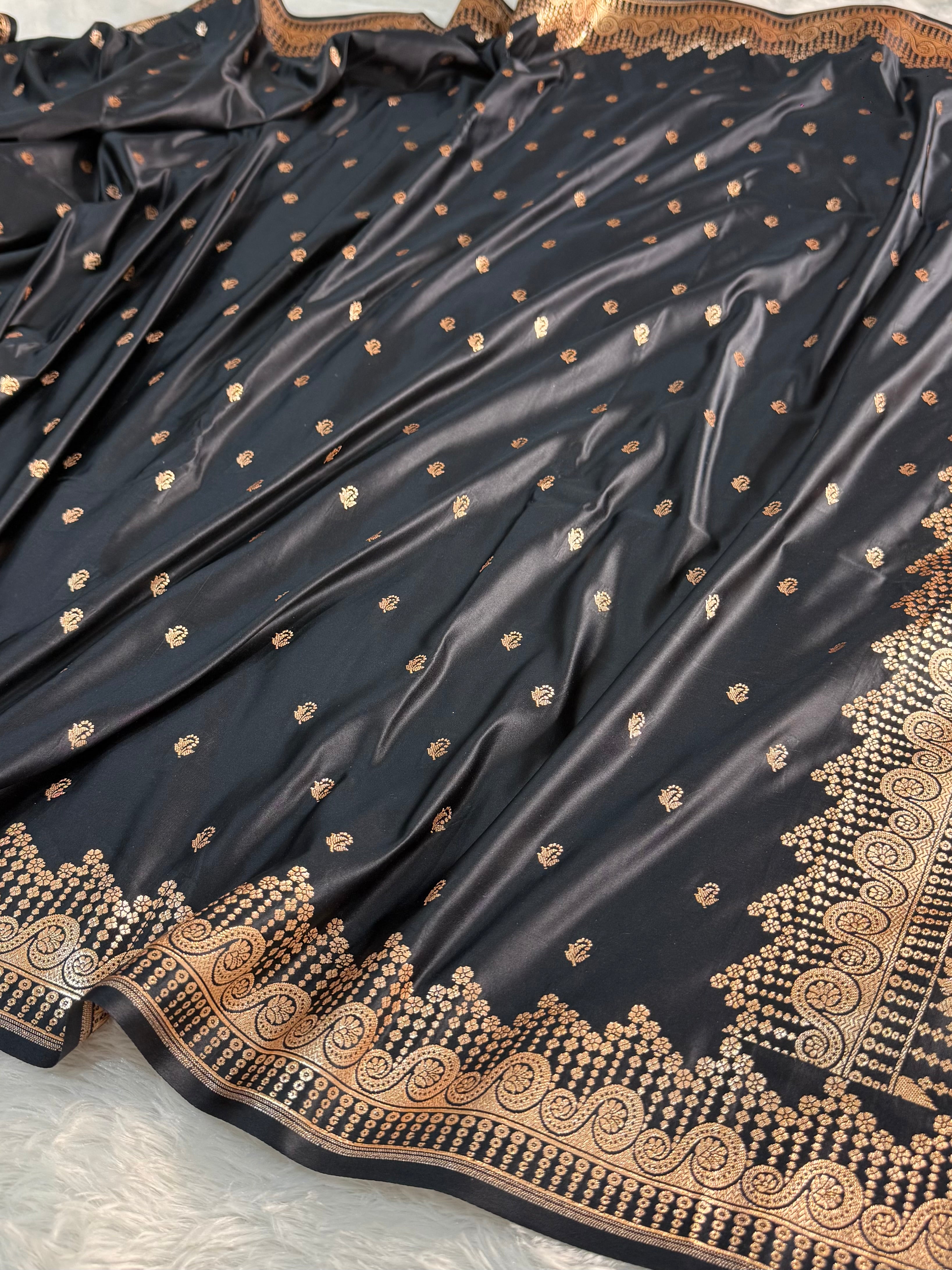 Banarasi Mashru Silk Saree in Border Motifs Design in Black Colour