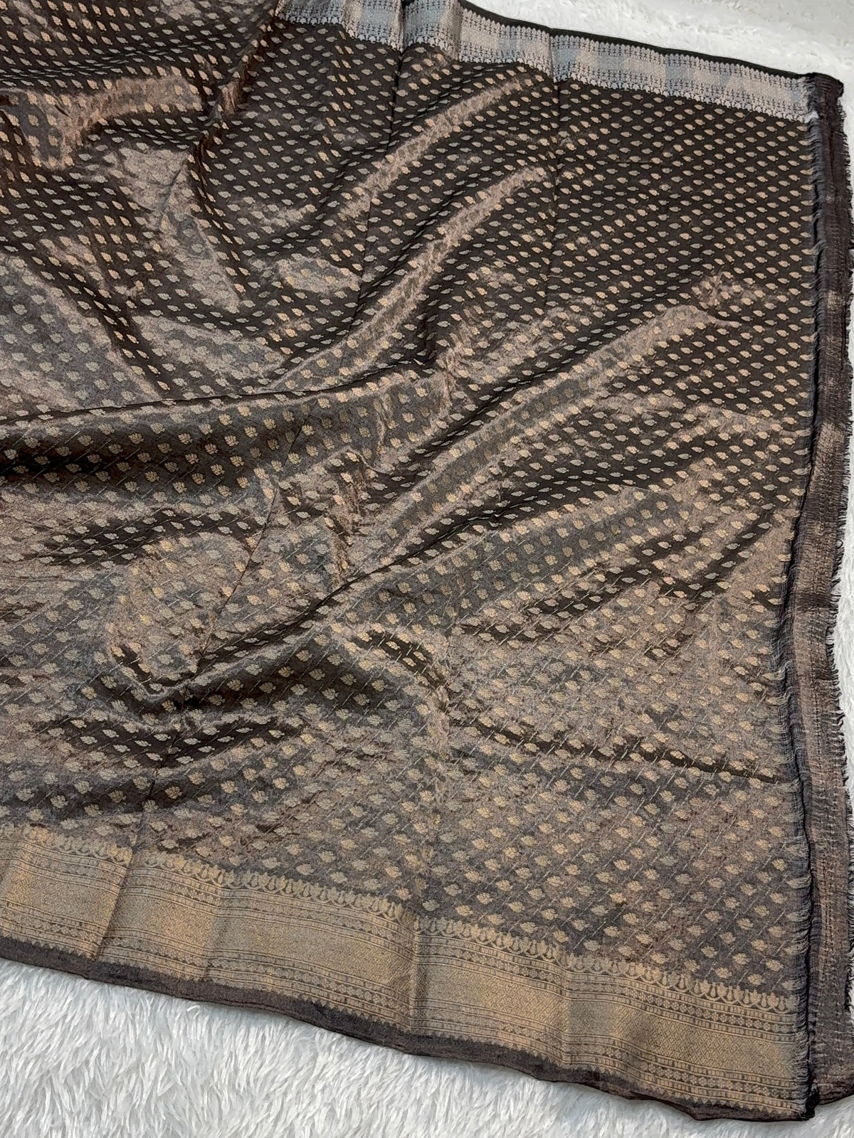 Pure Tissue Silk Saree with Brocade Weave in Silver and Gold Zari Work in Coffee Brown Colour