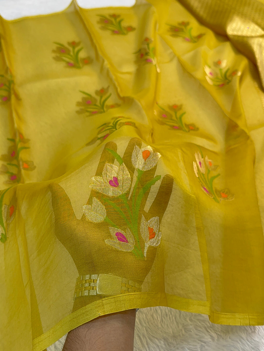 Pure Kora Silk Saree with Gold Zari and Meenakari Floral Motif Design in Yellow Colour