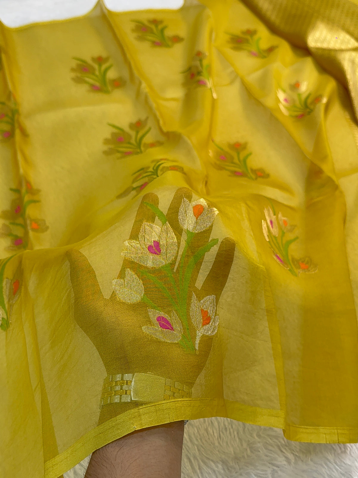Pure Kora Silk Saree with Gold Zari and Meenakari Floral Motif Design in Yellow Colour