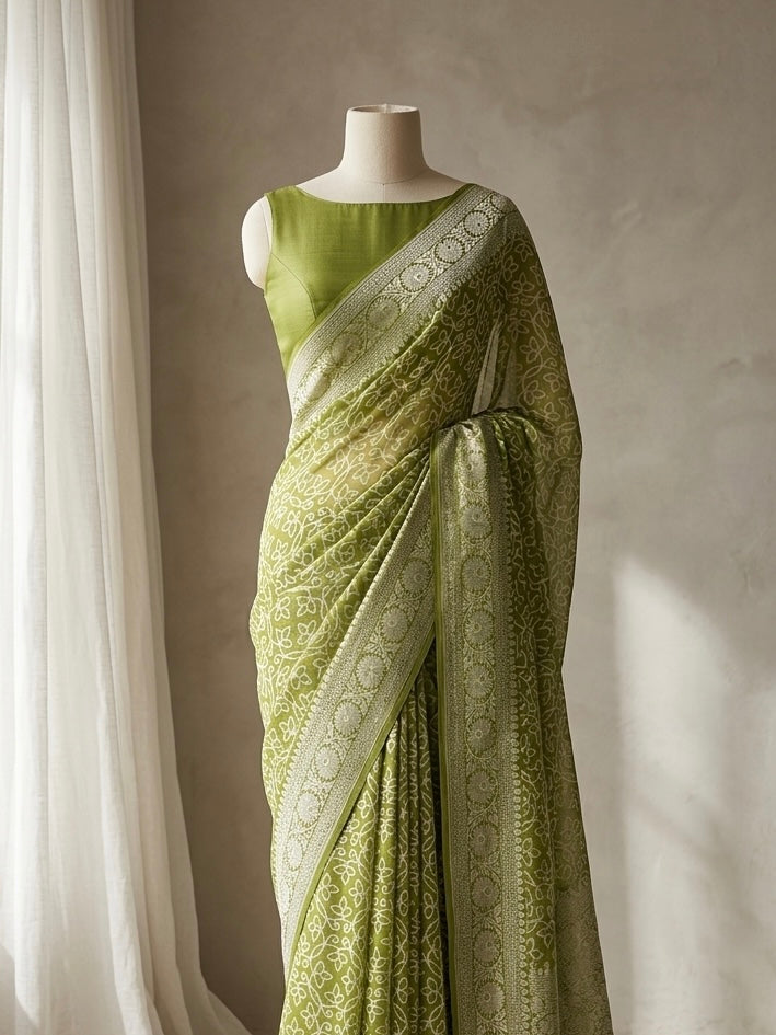 Banarasi Pure Khaddi Chiffon Saree in Zari Jaal  Design in Rusty Green Colour