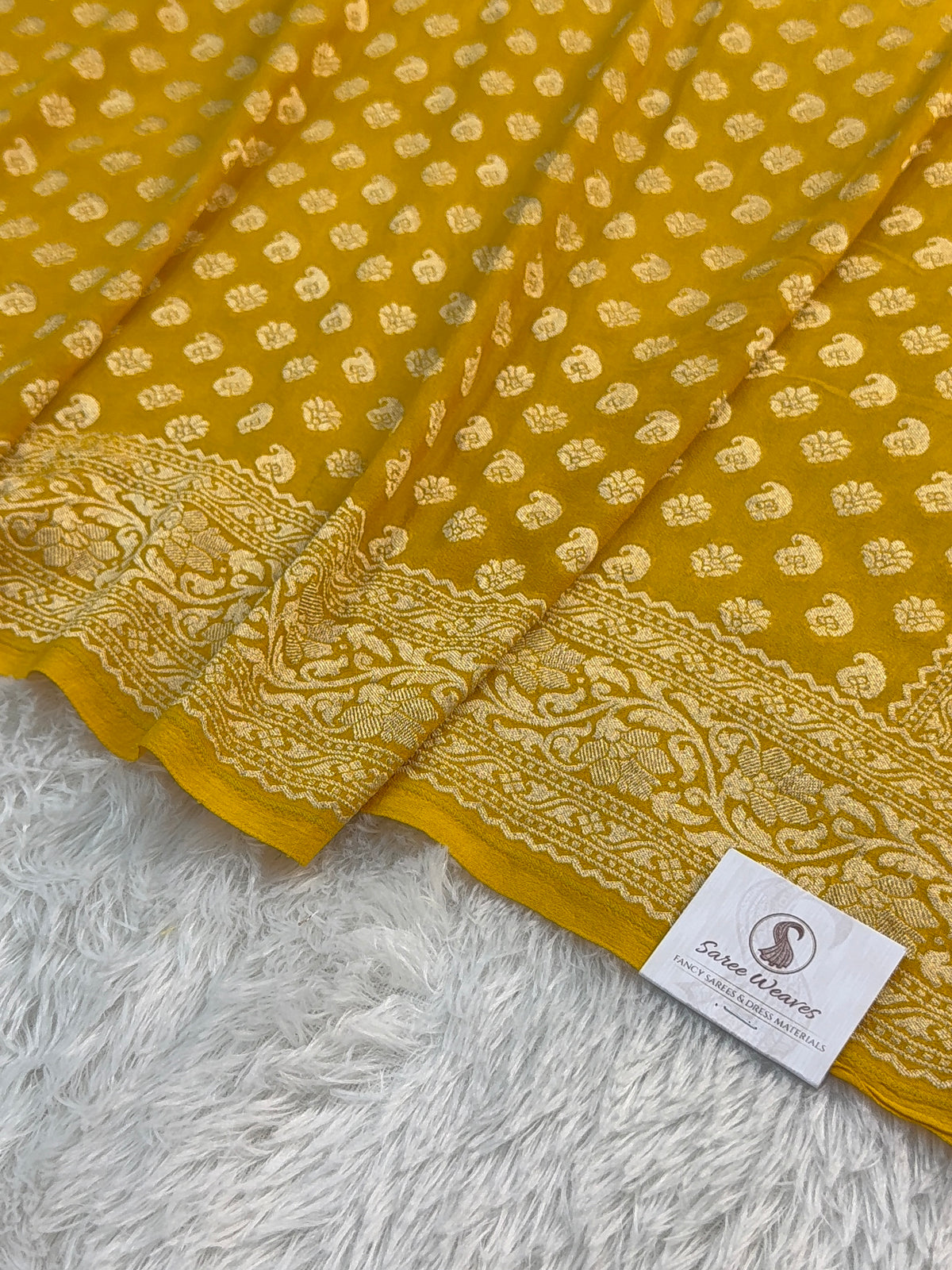 Banarasi Pure Khaddi Chiffon Saree in Border And Buti Design in Mustard Colour