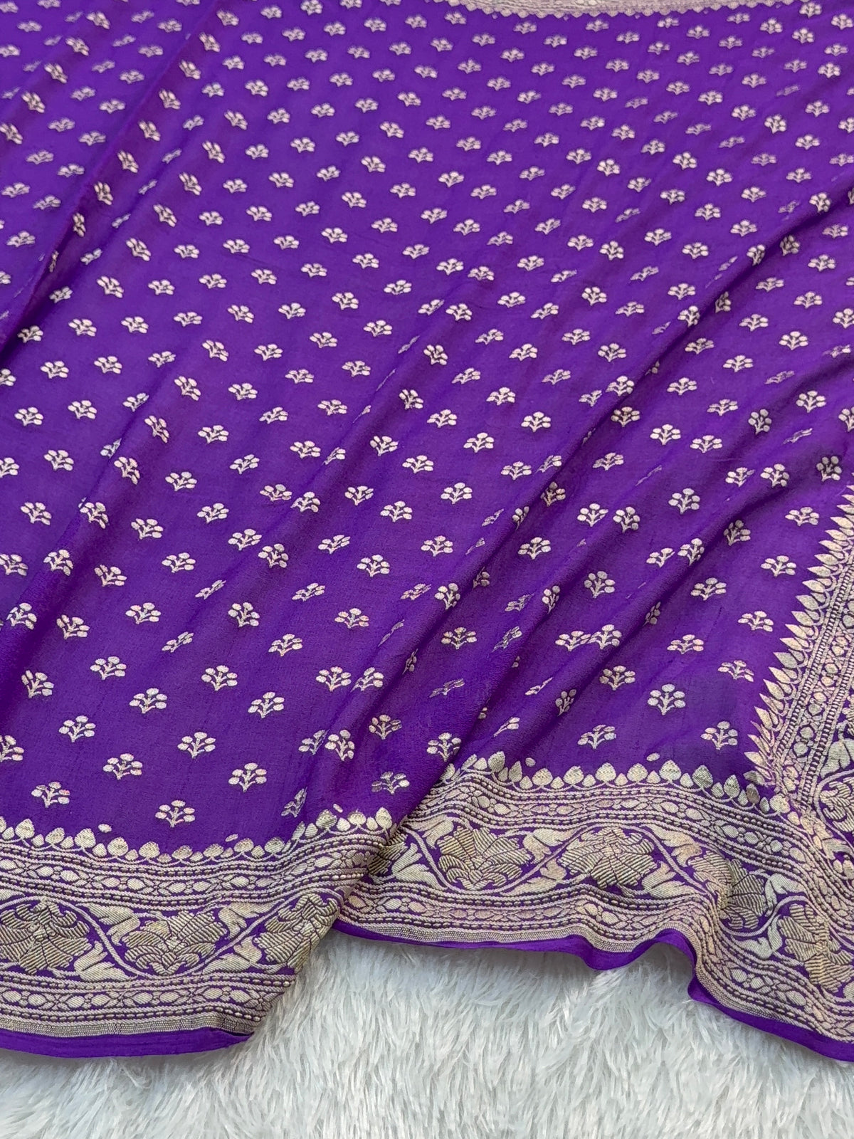 Banarasi Pure Khaddi Chiffon Saree  with Silver Zari Work with Small Motifs Pattern Design in Deep Violet Colour