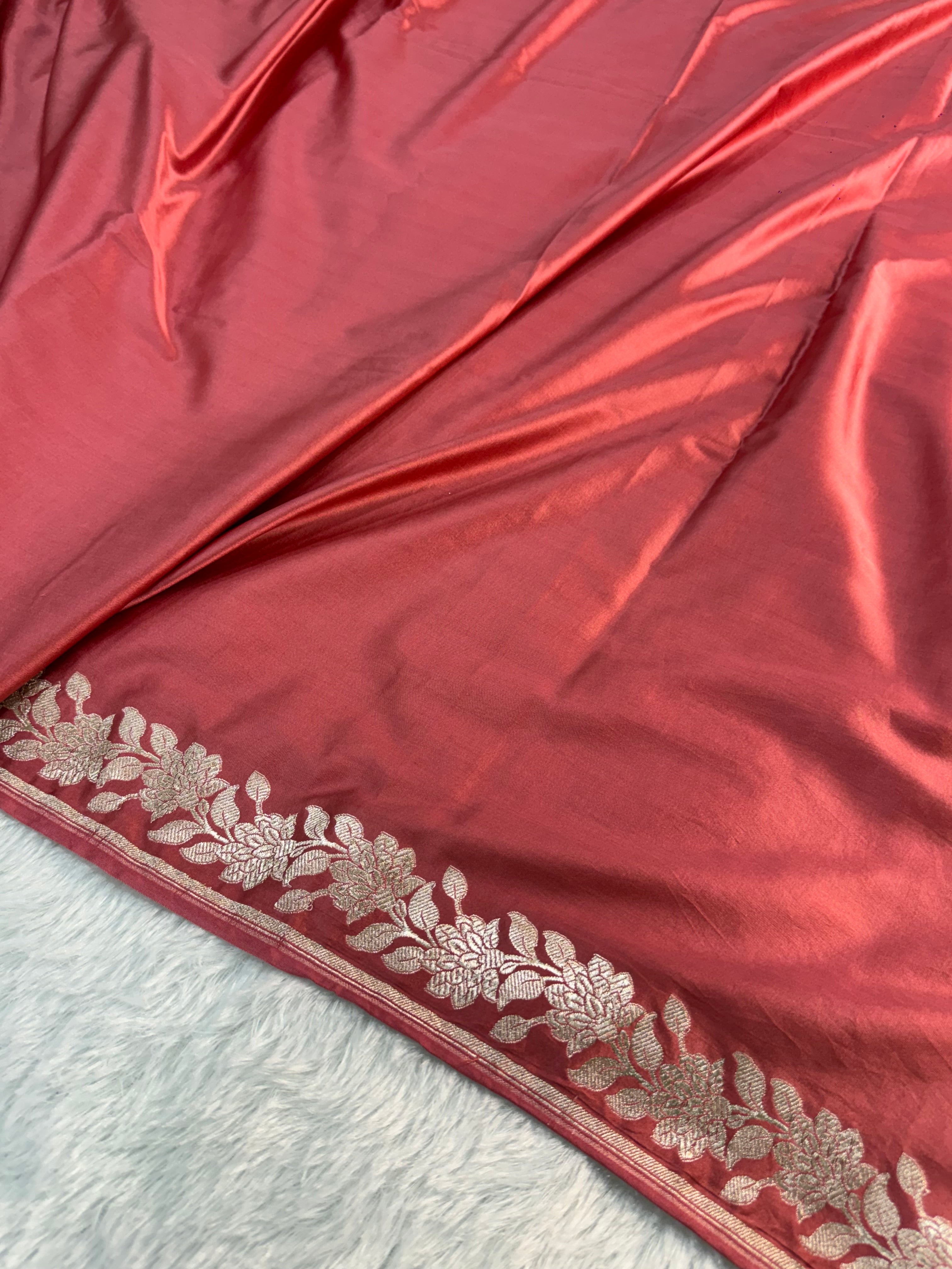 Banarasi Mashru Silk Saree with plain body and floral border Design in Rusty Pink colour
