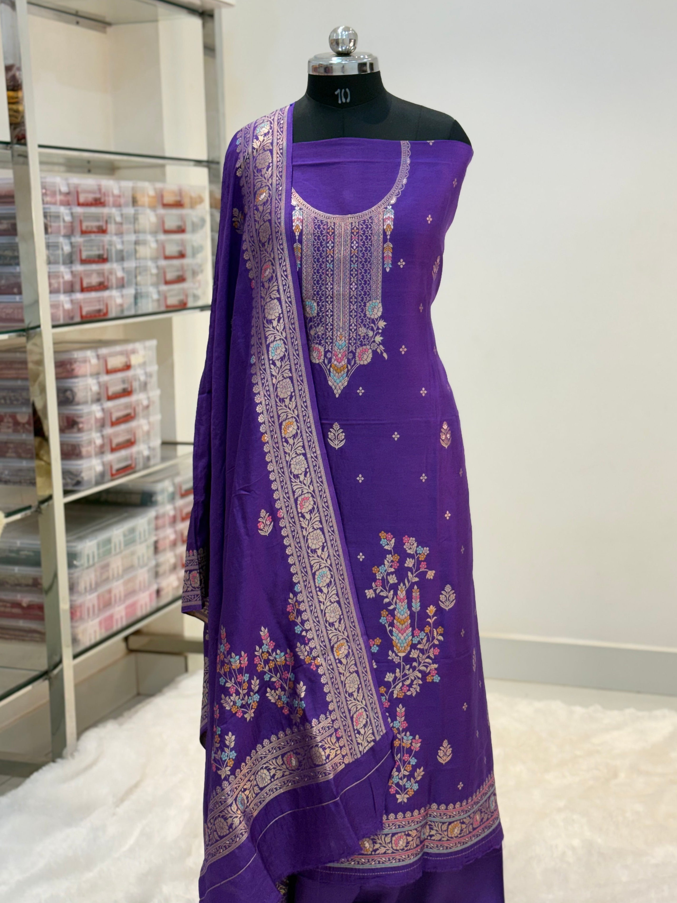 Pure Viscose Meenakari 3 piece Suit with Zari Work with Heavy Dupatta in Deep Violet color