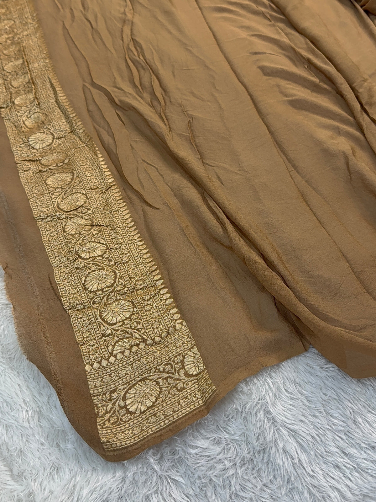 Banarasi Pure Khaddi Chiffon Saree in Border and Buti Design in Camel Brown Colour