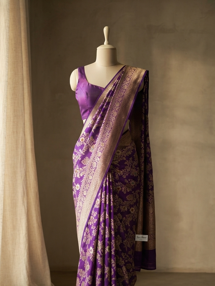 Banarasi Handloom pure katan silk saree with meenakari jaal design Royal Purple color