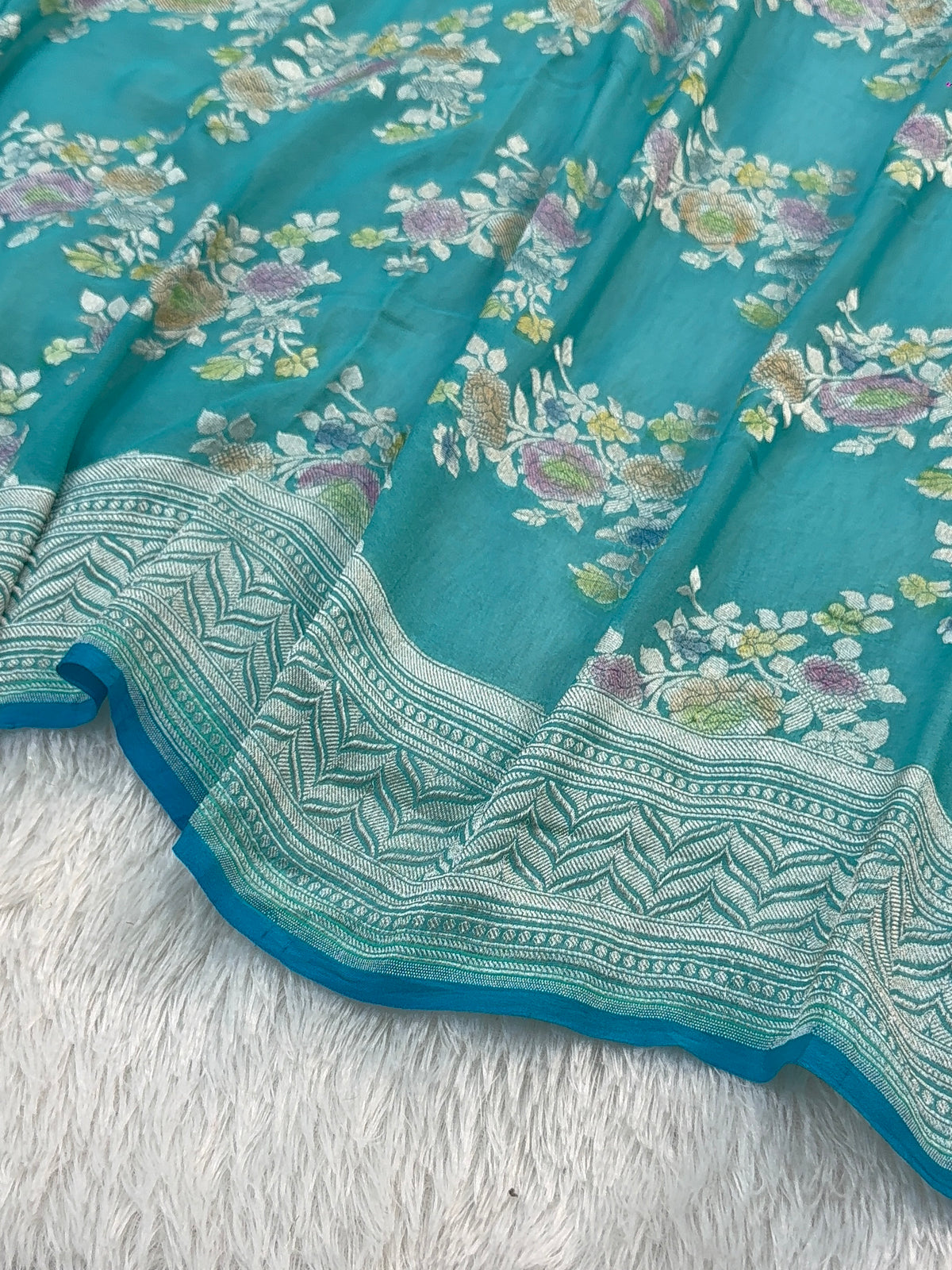 Banarasi Pure Khaddi Chiffon Saree  with Silver Zari Work In Floral Jaal Design with Meenakari by handbrush in Sea Green Colour