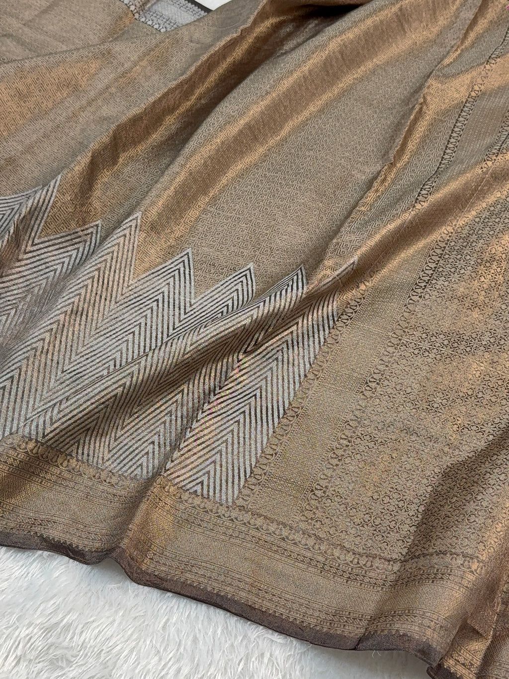 Pure Tissue Silk Saree with Brocade Weave in Silver and Gold Zari Work in Coffee Brown Colour