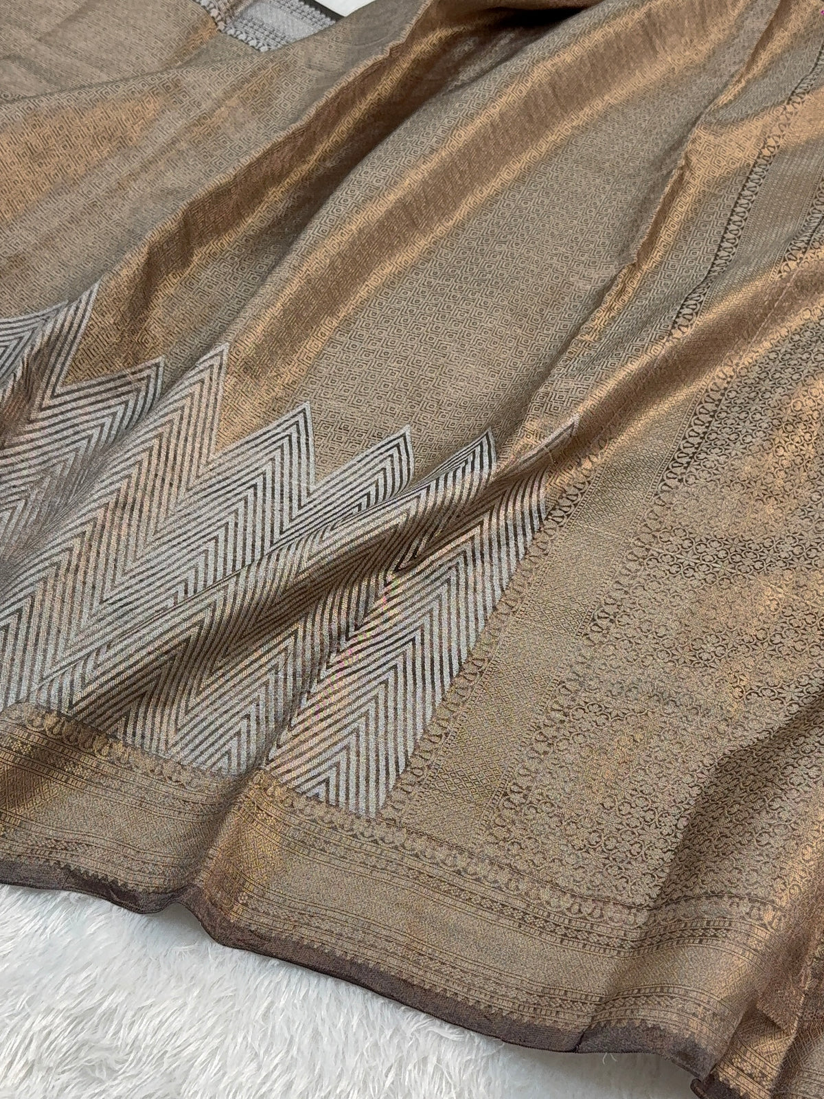 Pure Tissue Silk Saree with Brocade Weave in Silver and Gold Zari Work in Coffee Brown Colour