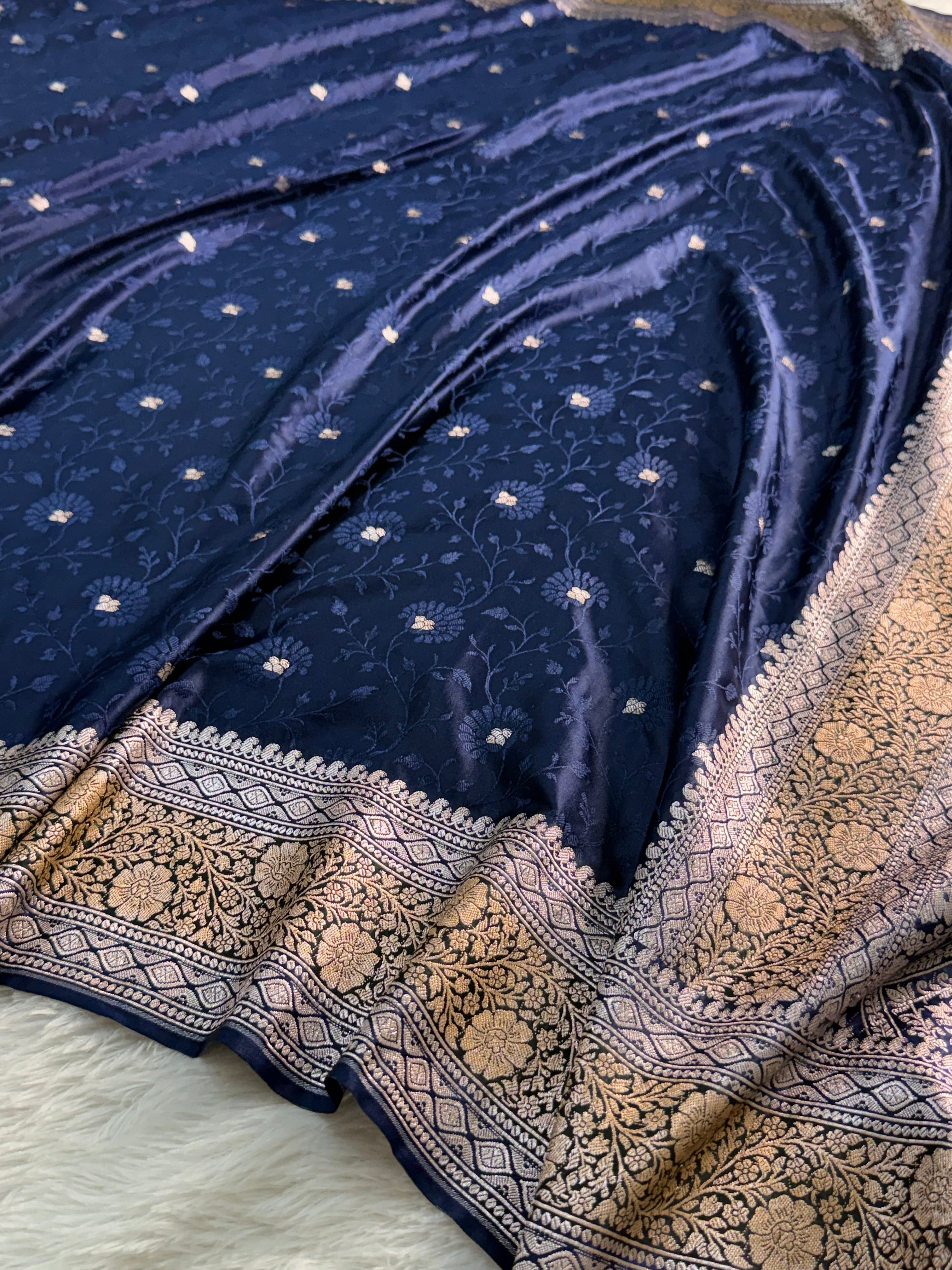 Banarasi Mashru Silk Saree with Tanchoi Jaal Weaving in Navy Colour with Hand brush paint in Border