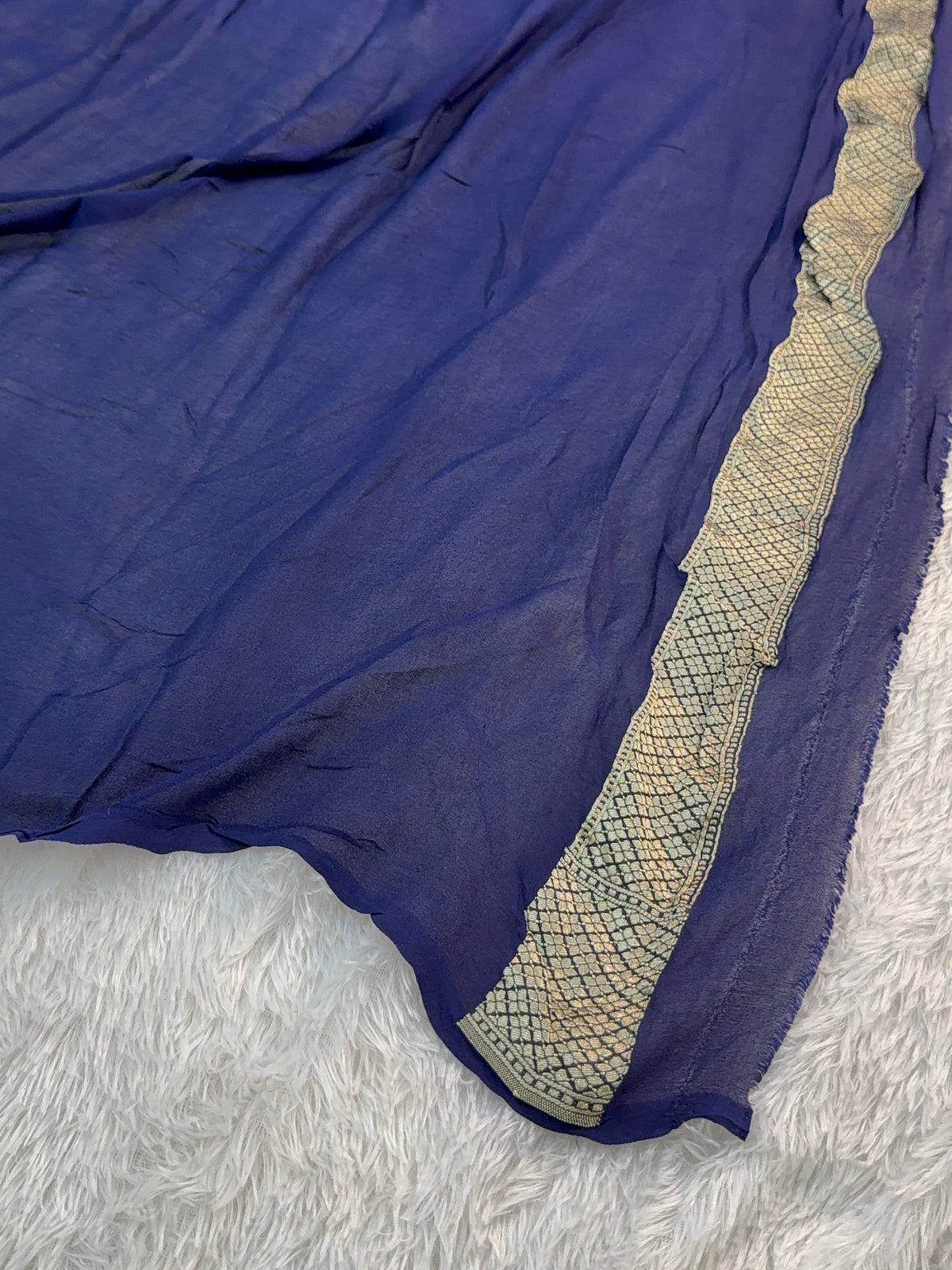 Banarasi Pure Khaddi Chiffon Saree with Light Gold Zari Work with Floral Jaal Design In Navy Blue Colour