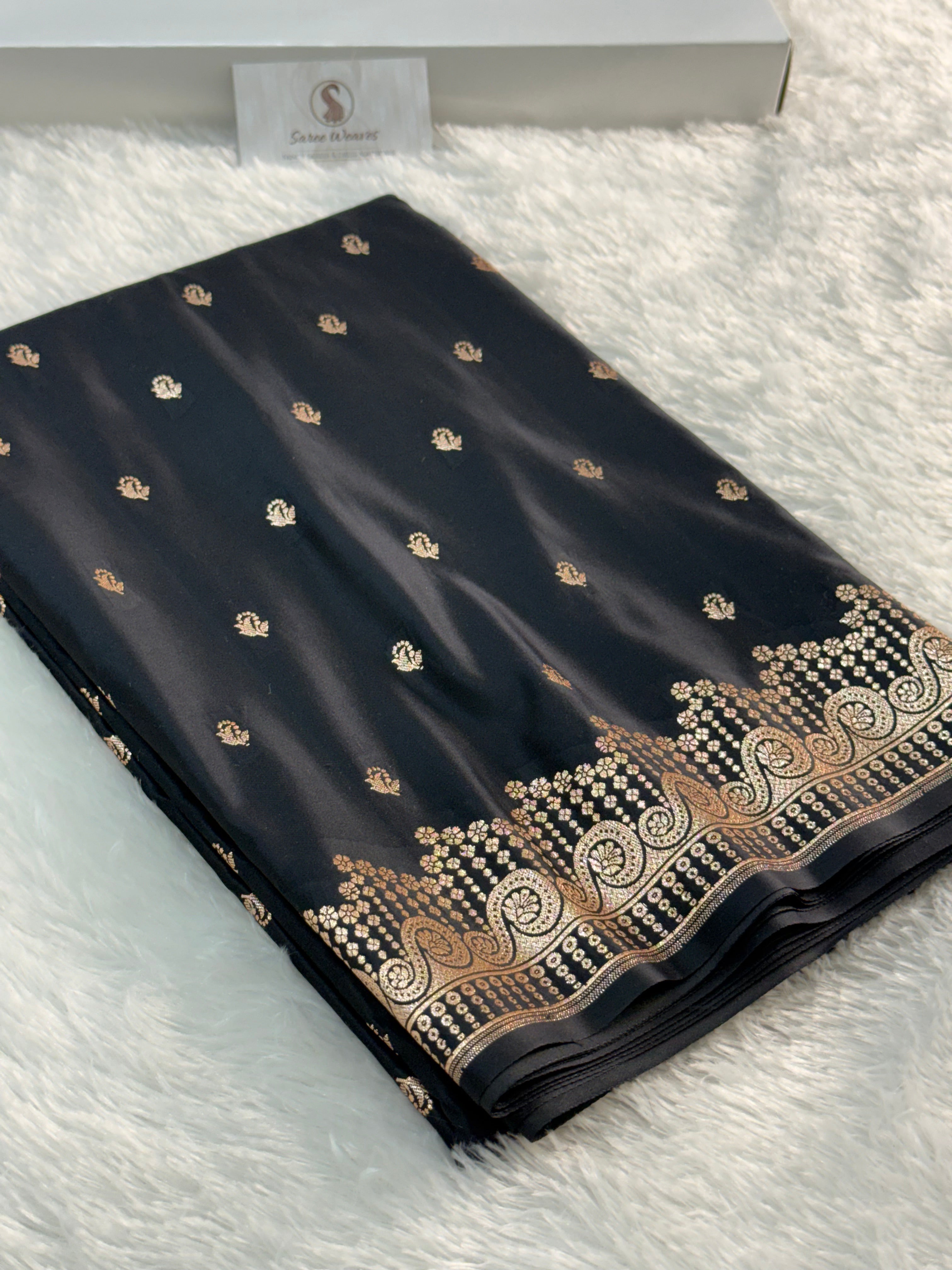 Banarasi Mashru Silk Saree in Border Motifs Design in Black Colour