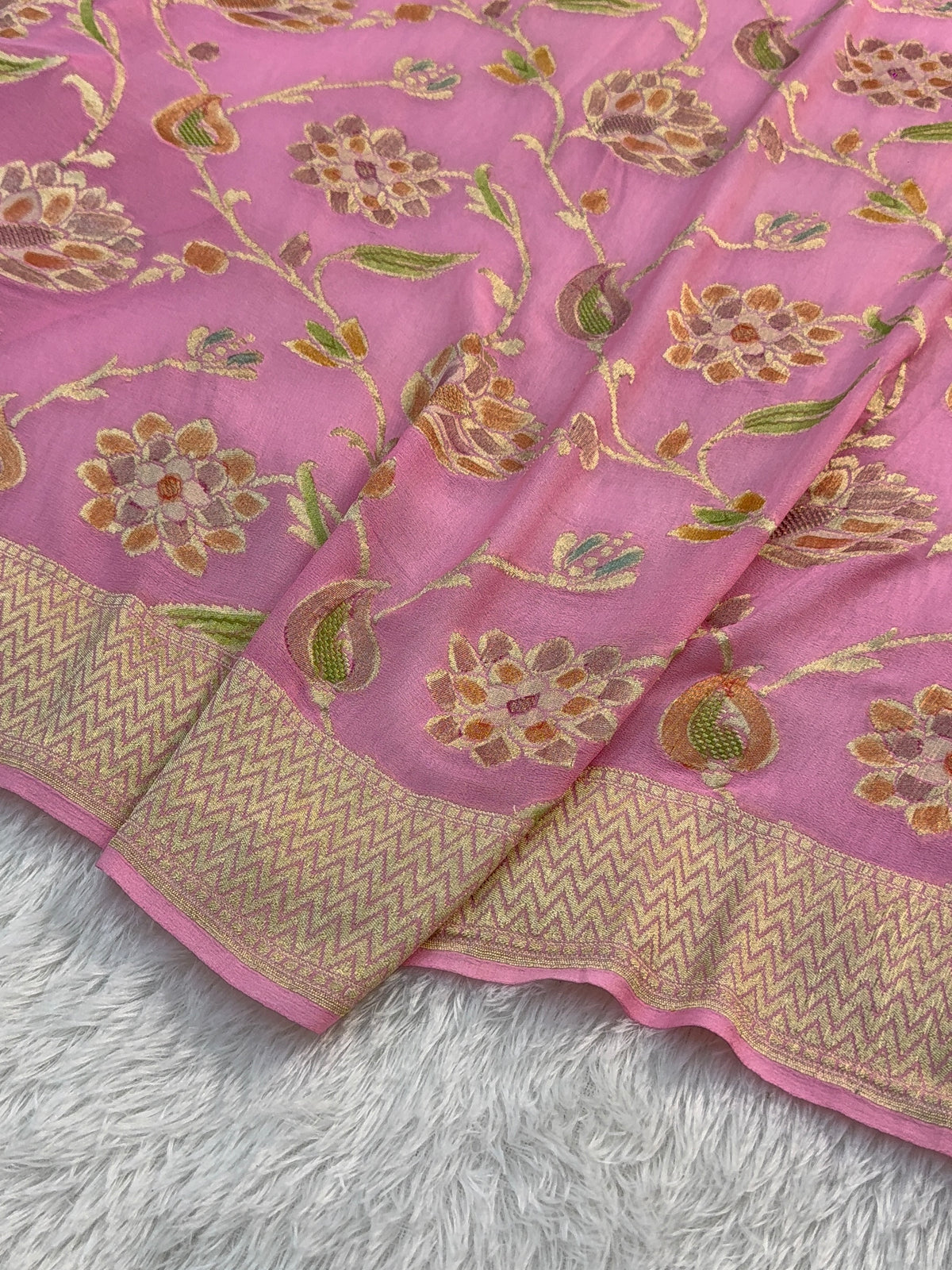 Banarasi Pure Khaddi Chiffon Saree  with Light Gold Zari Work In Floral Jaal Design with Meenakari by handbrush in Light Pink Colour