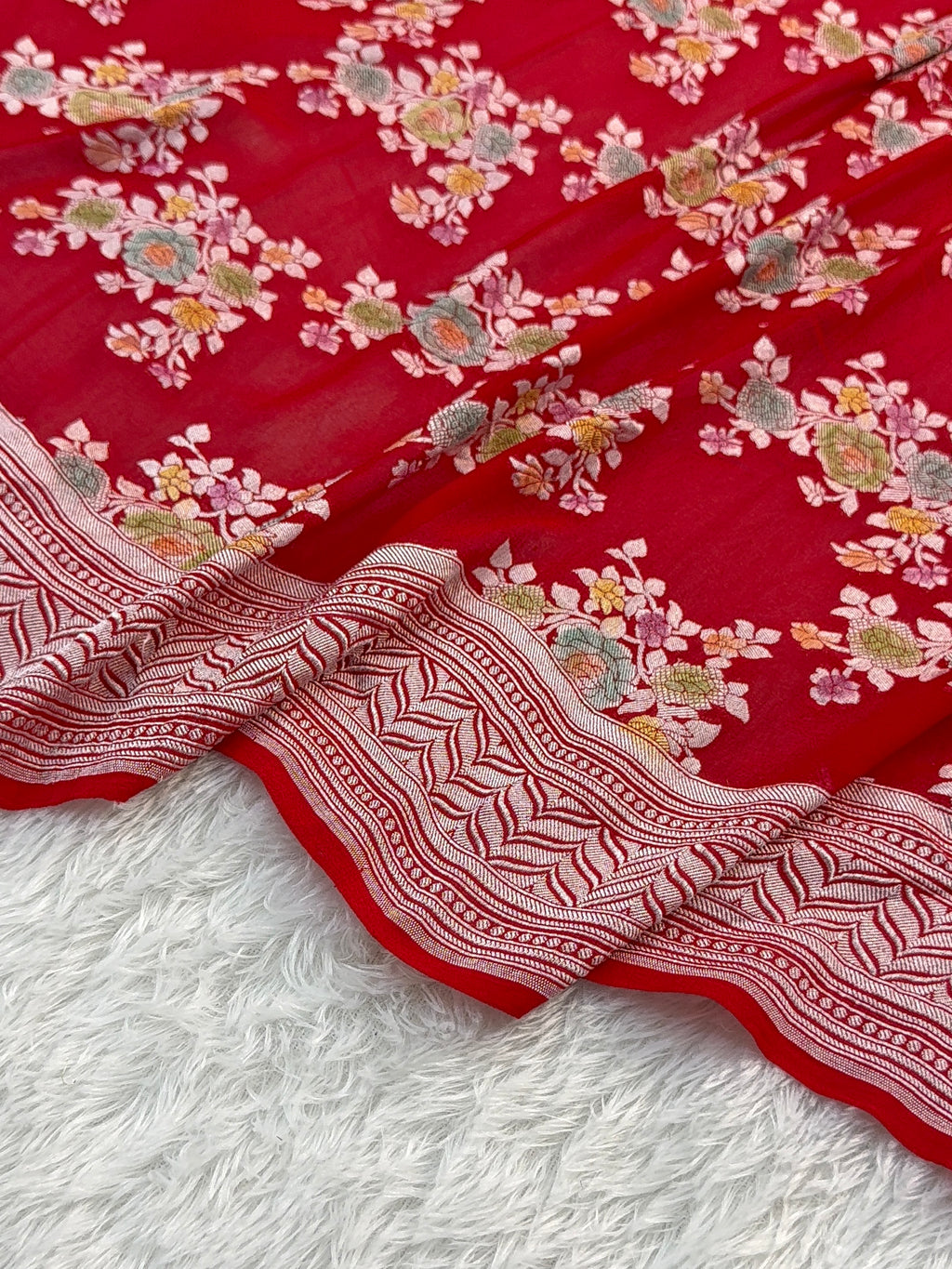 Banarasi Pure Khaddi Chiffon Saree  with Silver Zari Work In Floral Jaal Design with Meenakari by handbrush in Light Red Colour