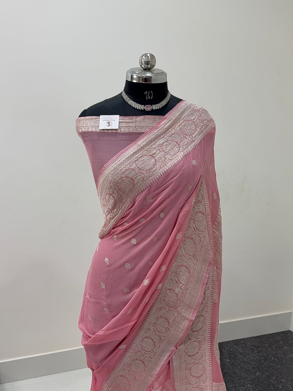 Banarasi Pure Khaddi Chiffon Saree  in Silver Zari with Small Interlocked Motifs Design in Peach Colour