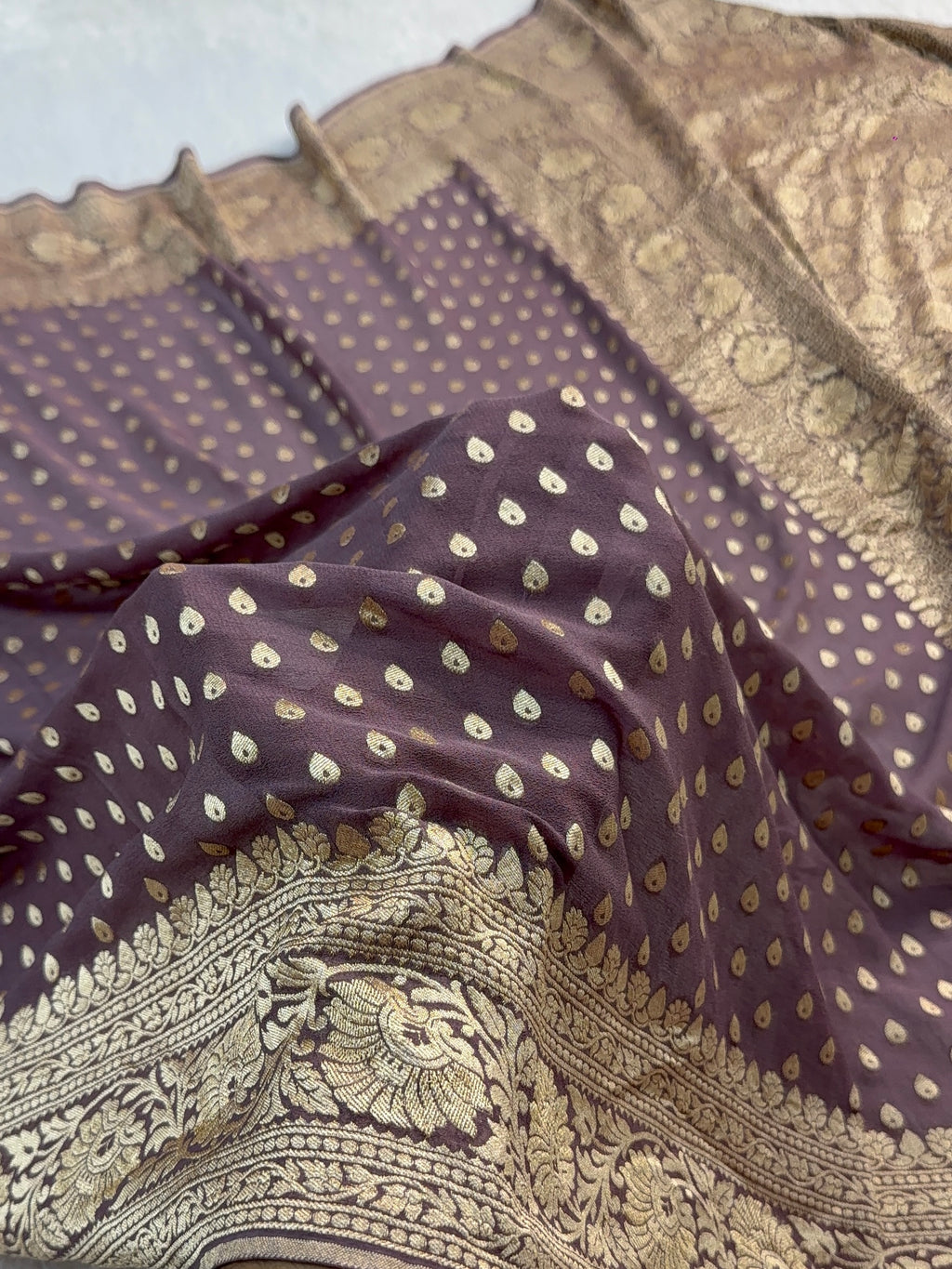 Banarasi Pure Khaddi Chiffon Saree in Border and Buti Design in Deep Purple Colour