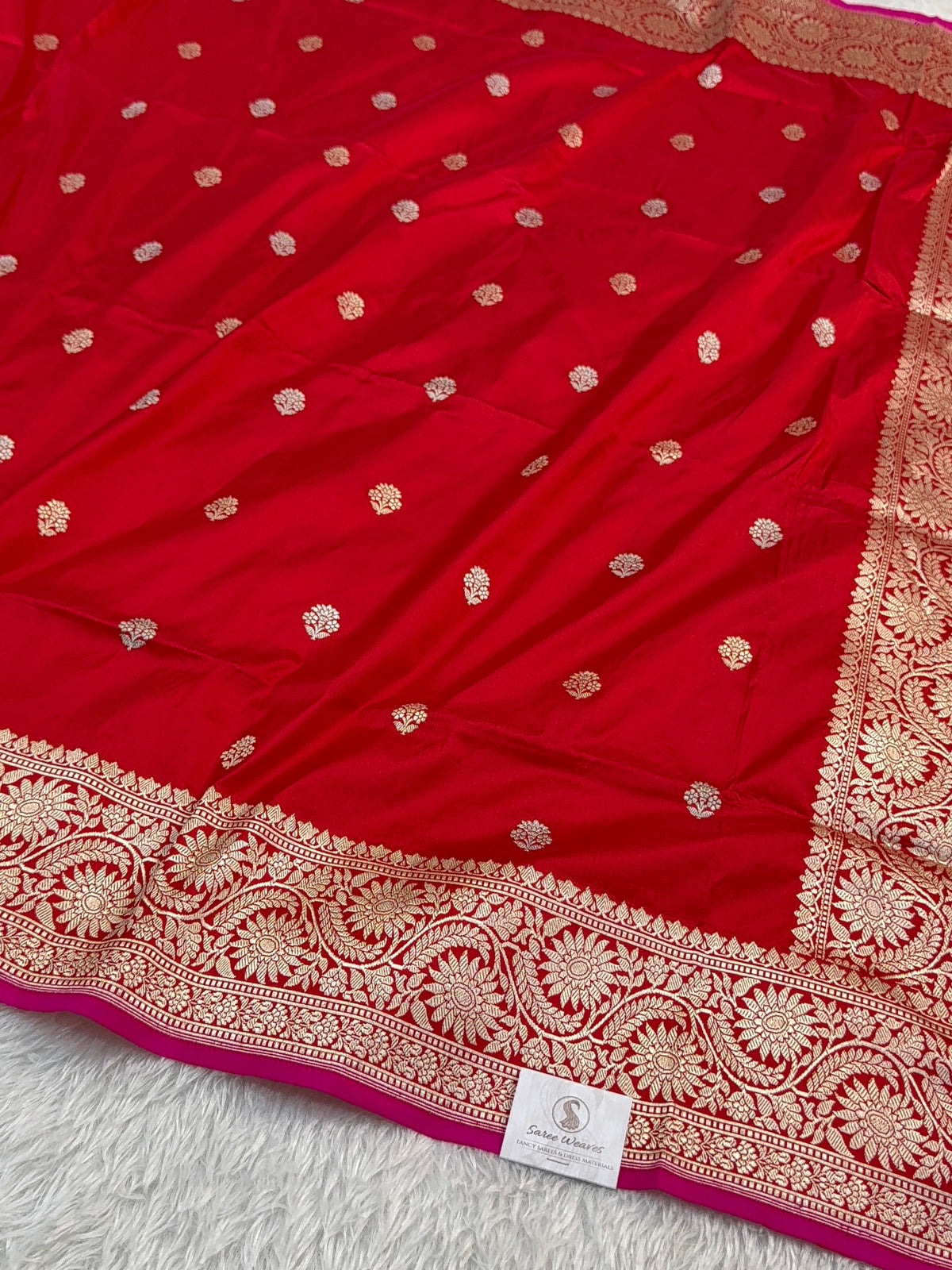 Handwoven pure katan silk saree in Red colour with interlock weaving motifs with intricate silver and gold zari with Rani Colour Edge