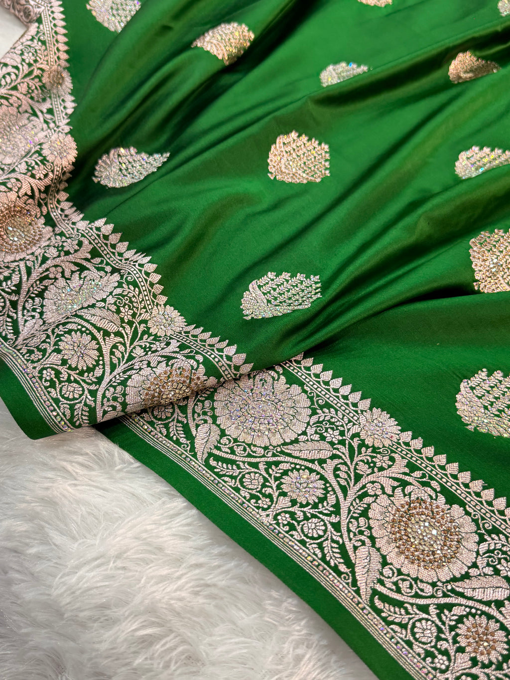 Bridal Mashru Silk Saree with Buta design in Dark Green Color Shade with Swaroski work