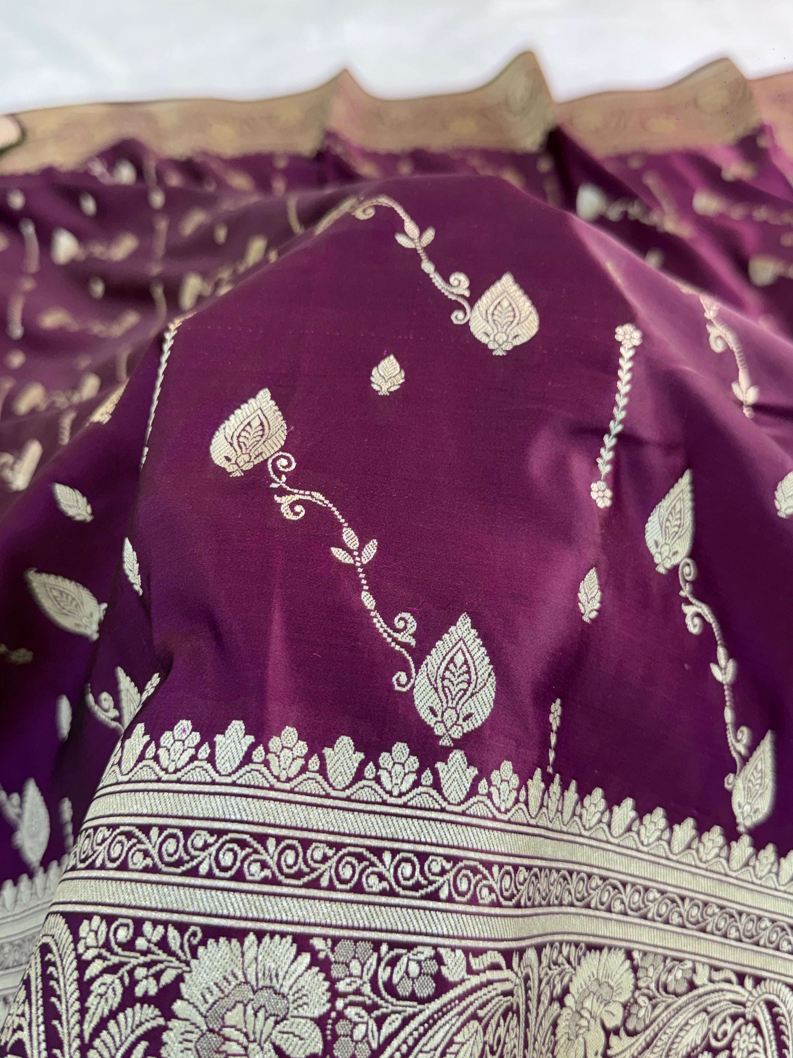 Banarasi Mashru Silk Saree Intricate Buti Design in majenta color