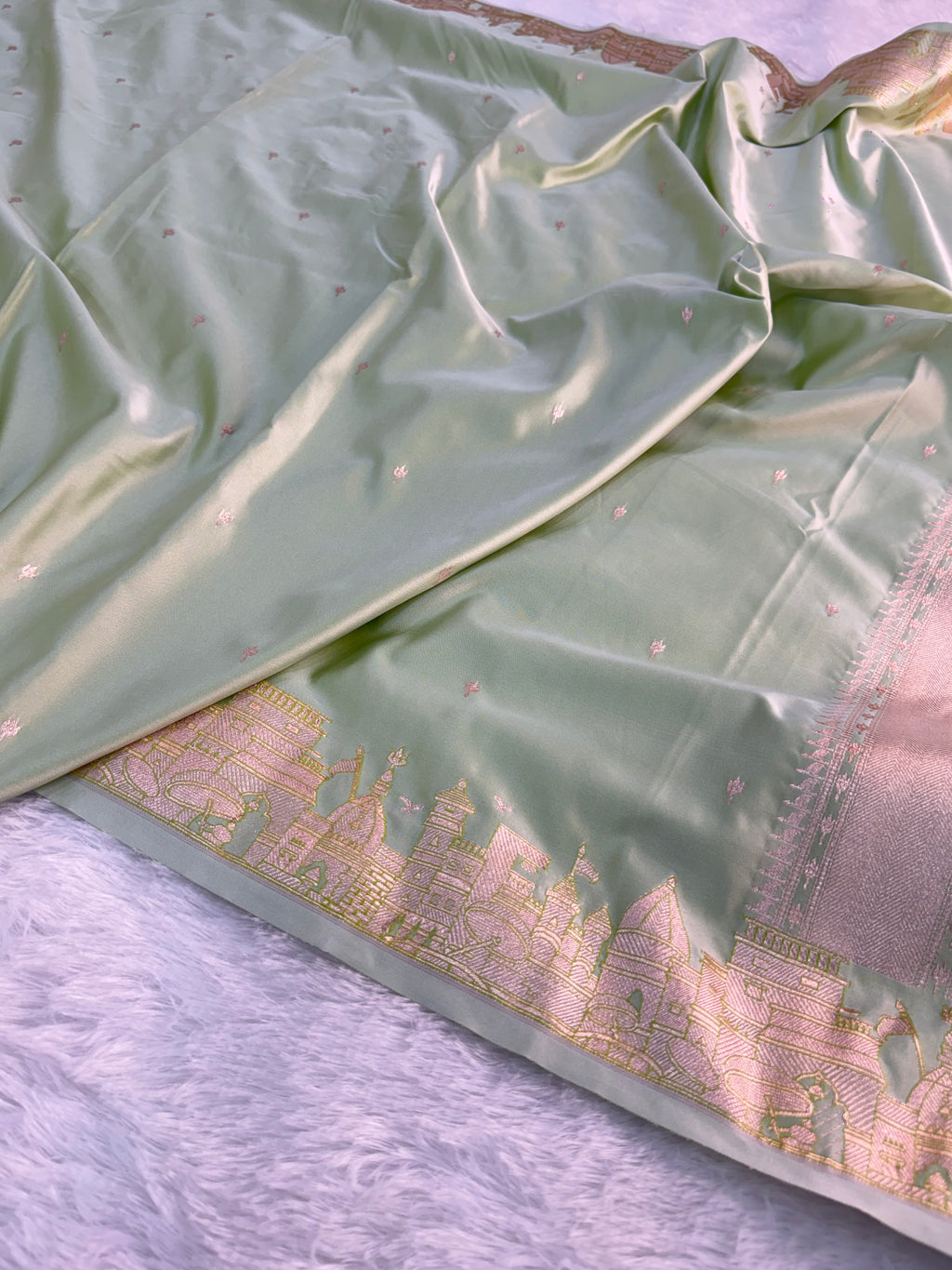 Banarasi Mashru Silk Saree with kashi ghat design in Light Pista color